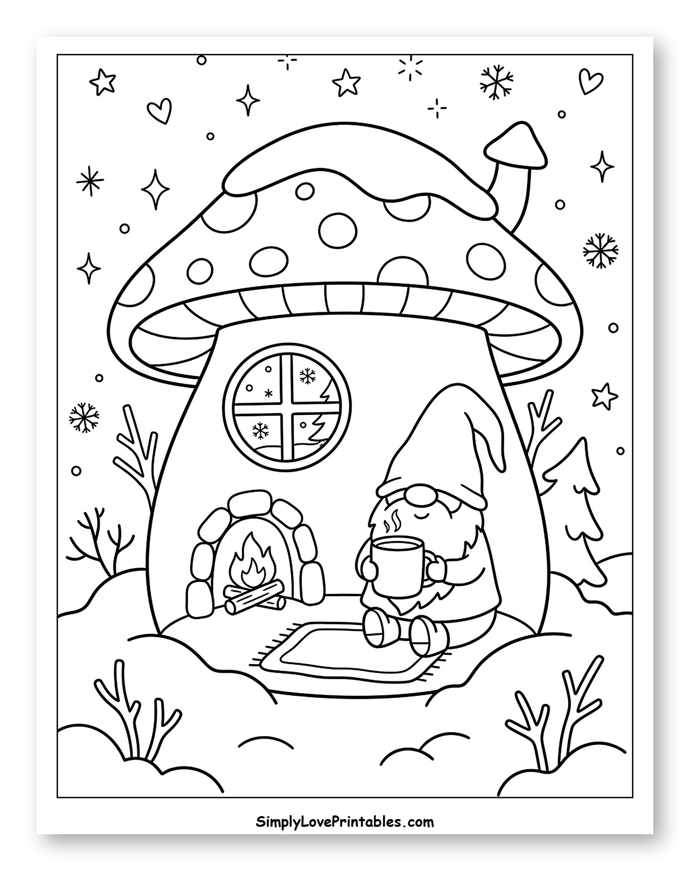 Cozy Gnome by Fireplace in Mushroom House Coloring Page for Adults