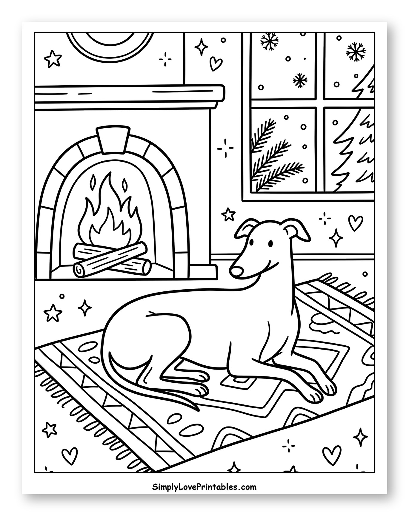 Cozy Greyhound by Fireplace and Snowy Window to Color for Adults