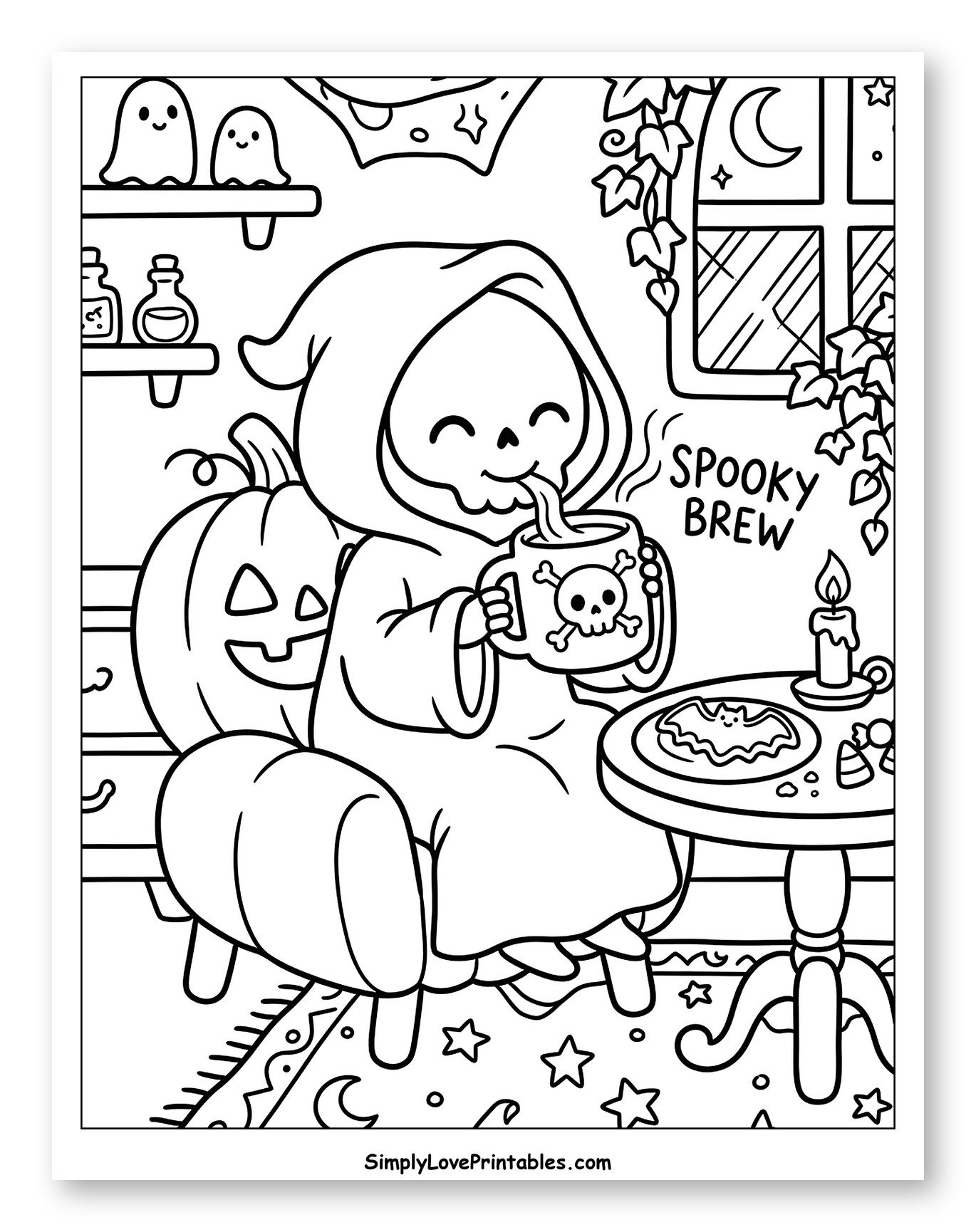 Cozy Grim Reaper with Pumpkin and Brew