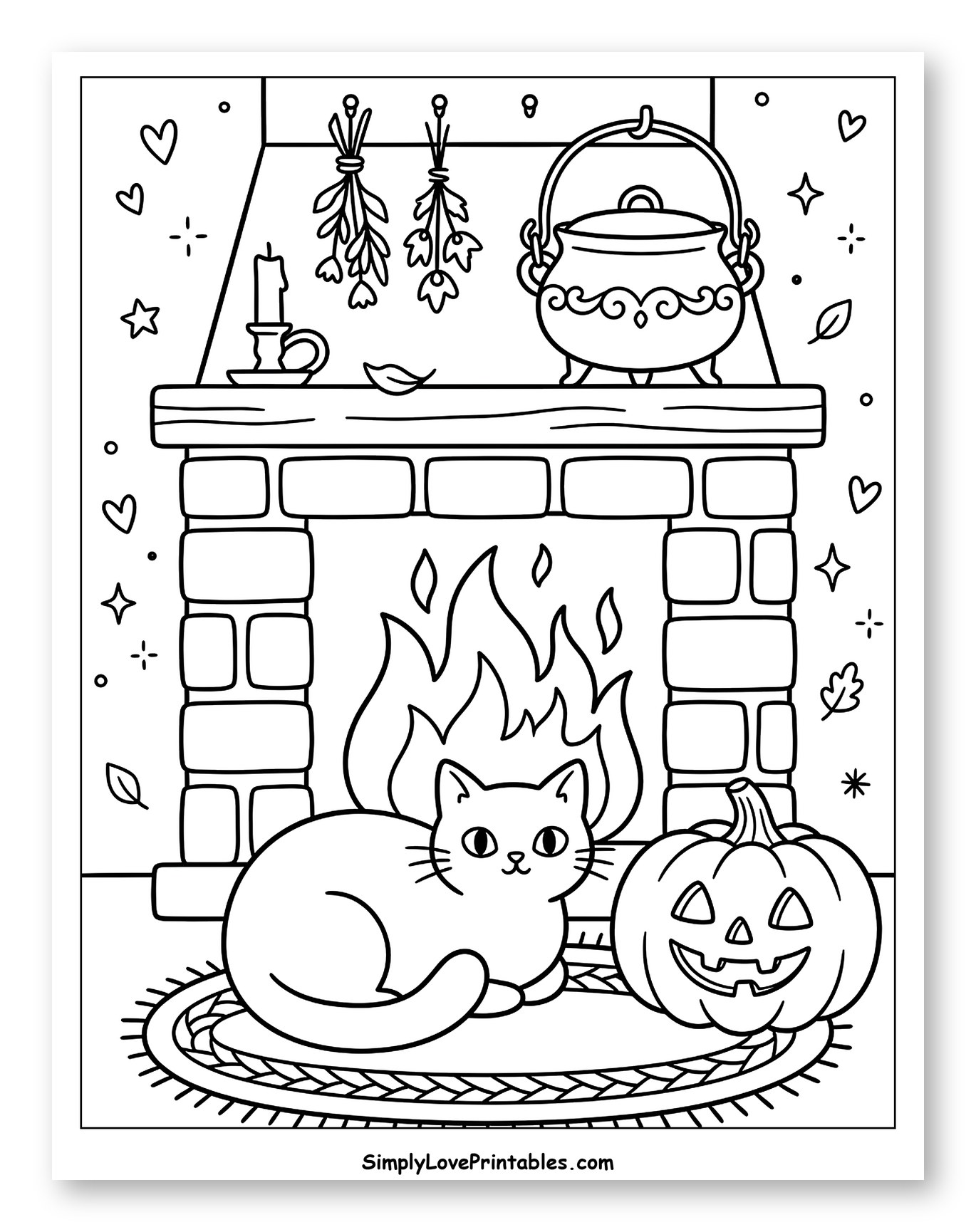 Cozy Halloween Scene with Cat and Cauldron Coloring Page for Adults