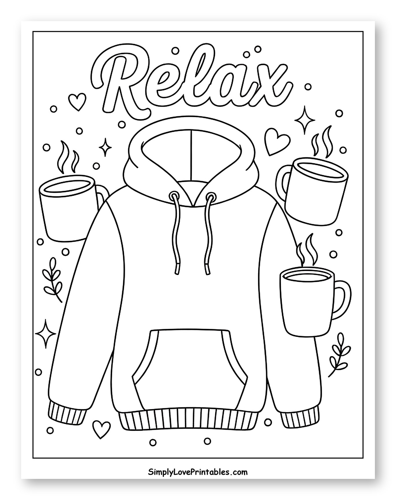 Cozy Hoodie and Steaming Mugs Coloring Page for Adults