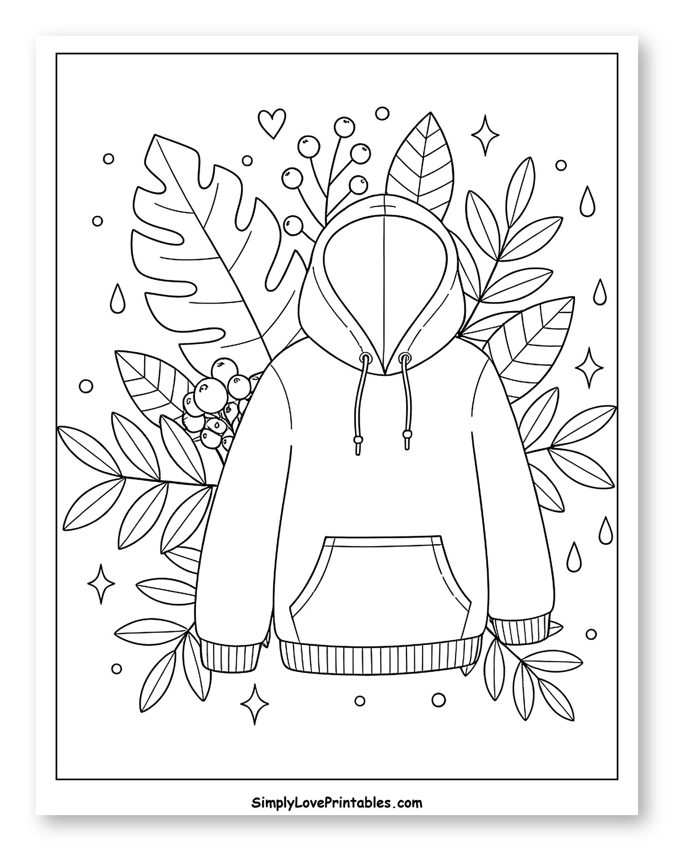 Cozy Hoodie with Leaves and Berries Coloring Sheet for Adults