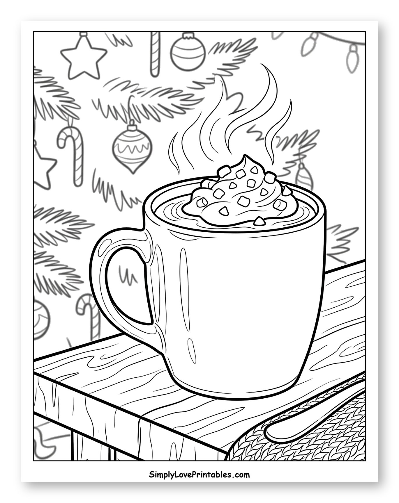 Cozy Hot Chocolate with Festive Christmas Decor Coloring Page