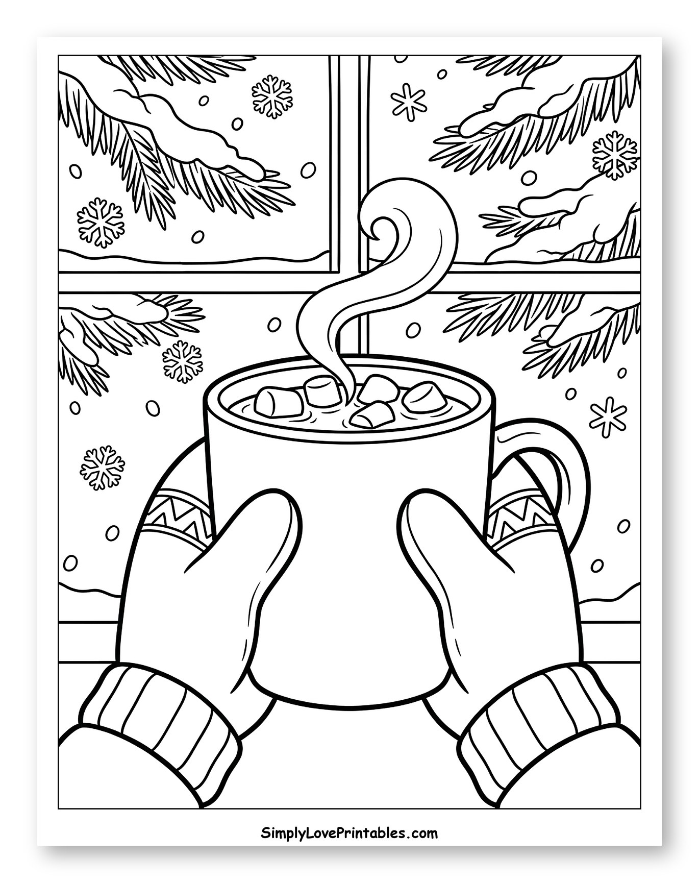 Cozy Hot Chocolate with Mittens and Snowflakes Coloring Sheet for Kids