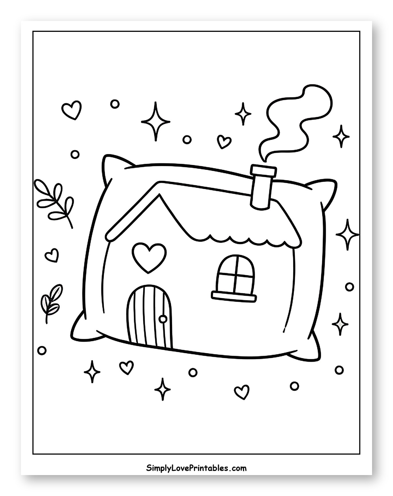 Cozy House on a Pillow with Stars and Hearts Coloring Page for Adults