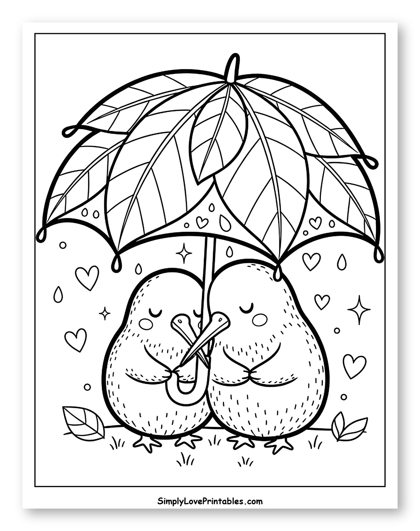 Cozy Kiwi Birds Under a Leafy Umbrella Coloring Page for Adults