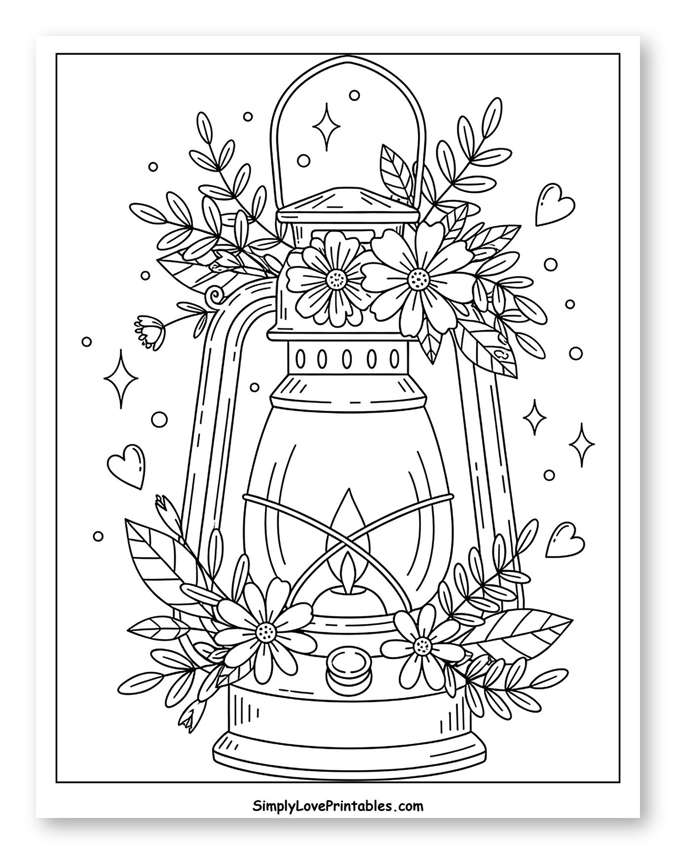 Cozy Lantern with Floral Garland and Hearts Coloring Sheet for Adults