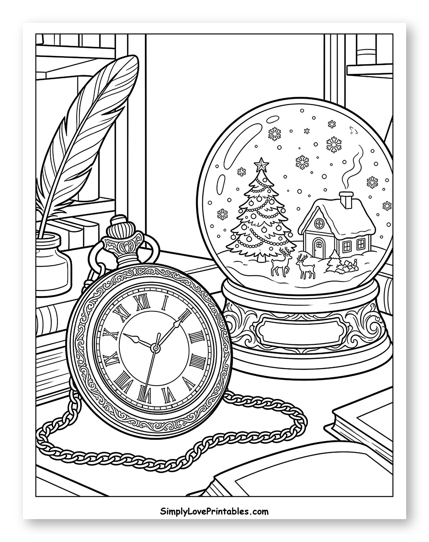 Cozy Library Desk with Snow Globe and Pocket Watch