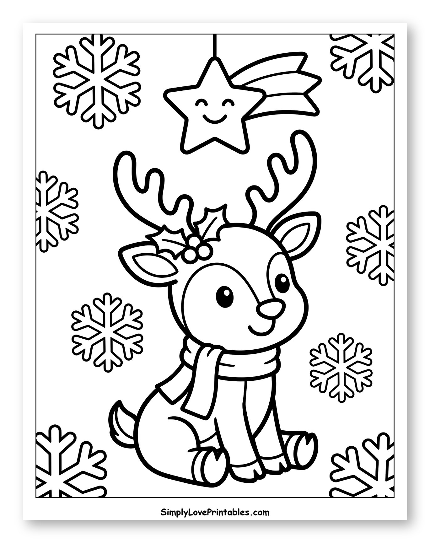 Cozy Little Reindeer under a Smiling Star Coloring Page for Toddlers