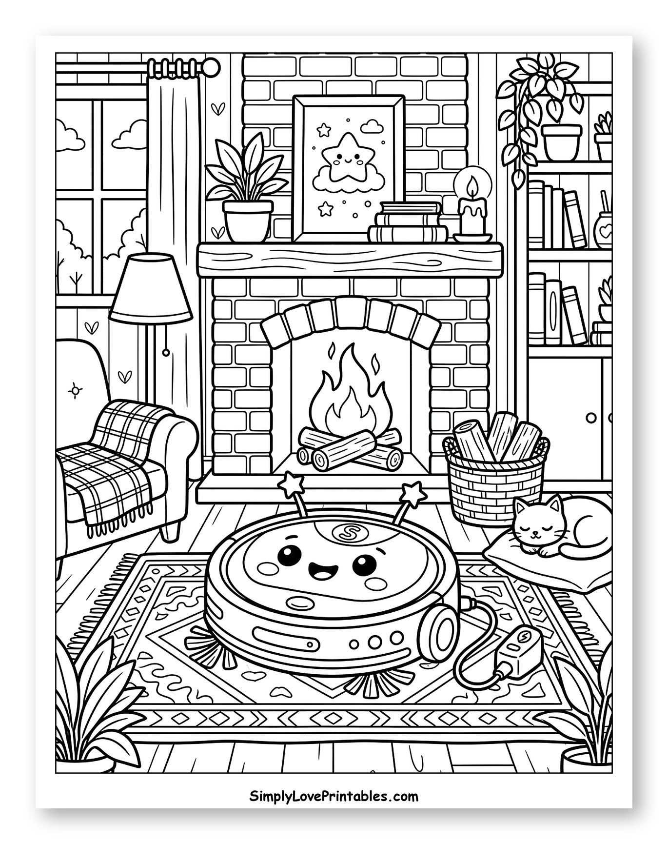 Cozy Living Room with Robot Vacuum Coloring Sheet for Kids