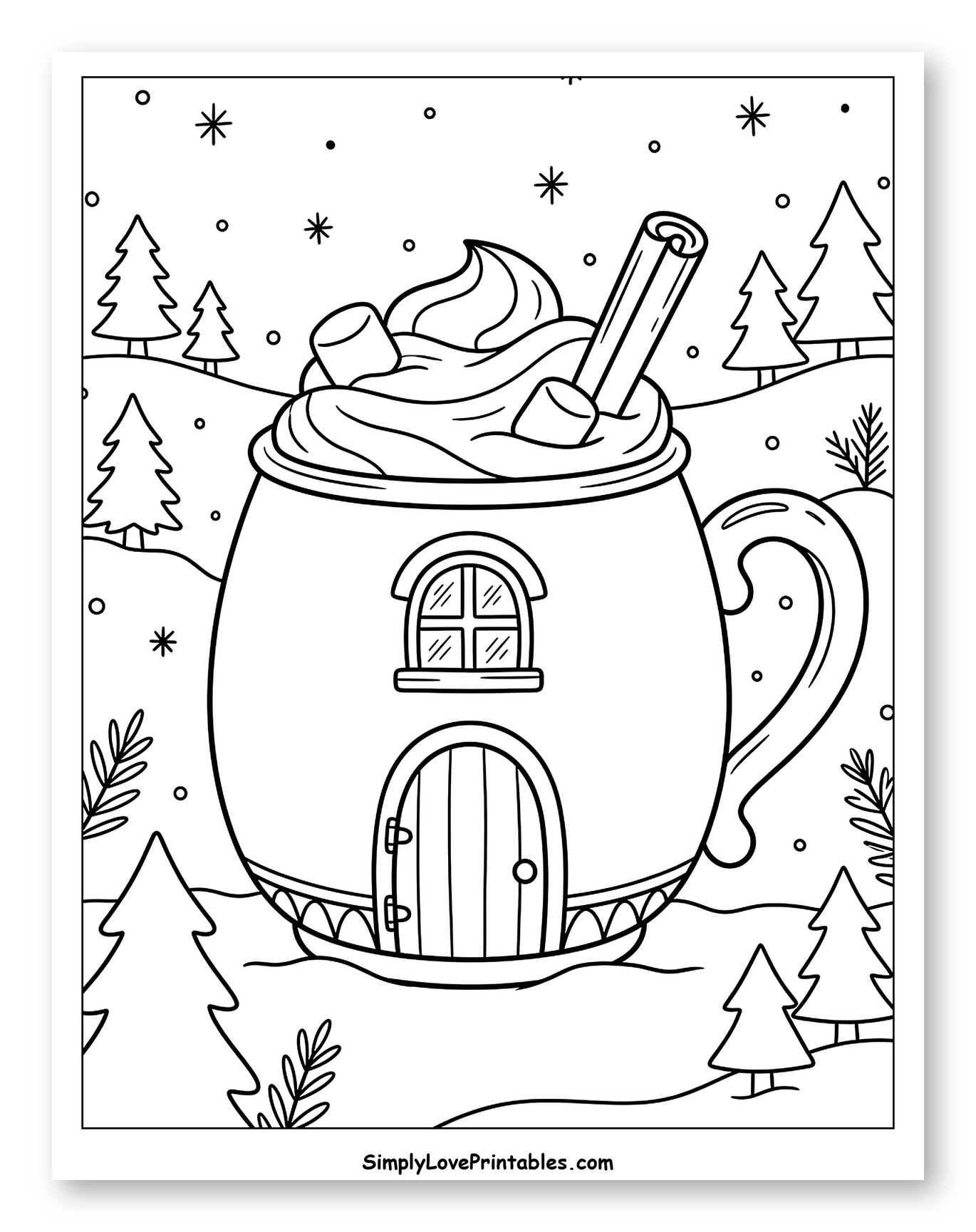 Cozy Mug House with Hot Chocolate and Snowflakes
