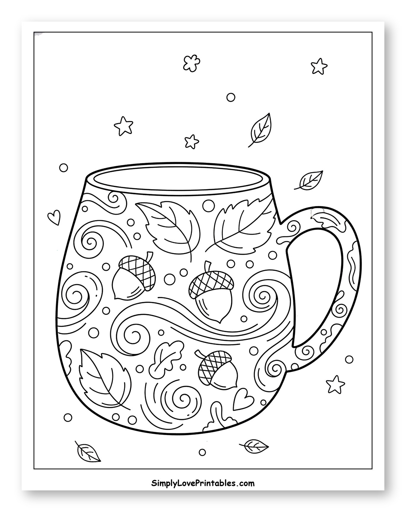 Cozy Mug with Fall Leaf and Acorn Decor Coloring Sheet for Adults