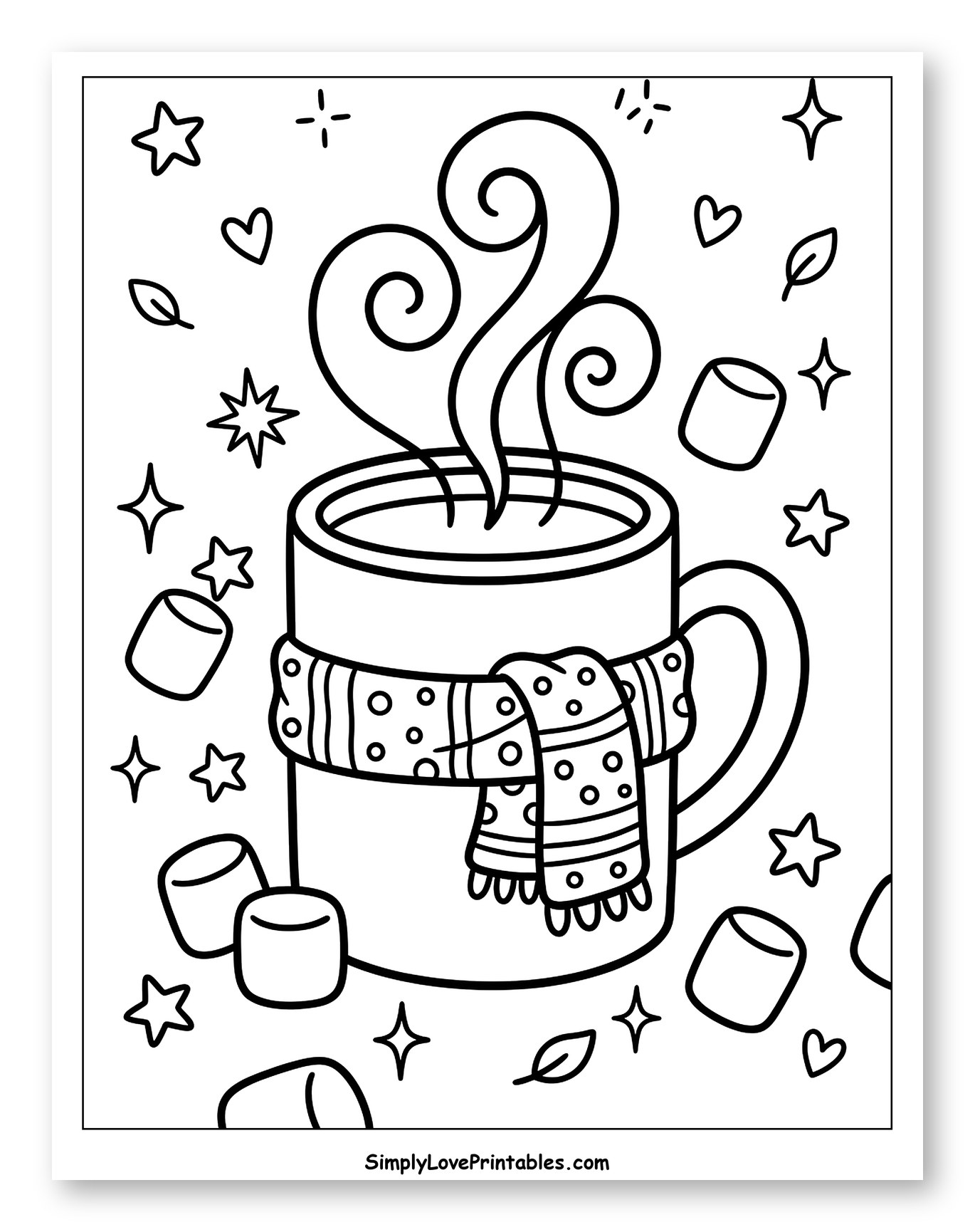 Cozy Mug with Scarf and Marshmallows Coloring Sheet for Adults