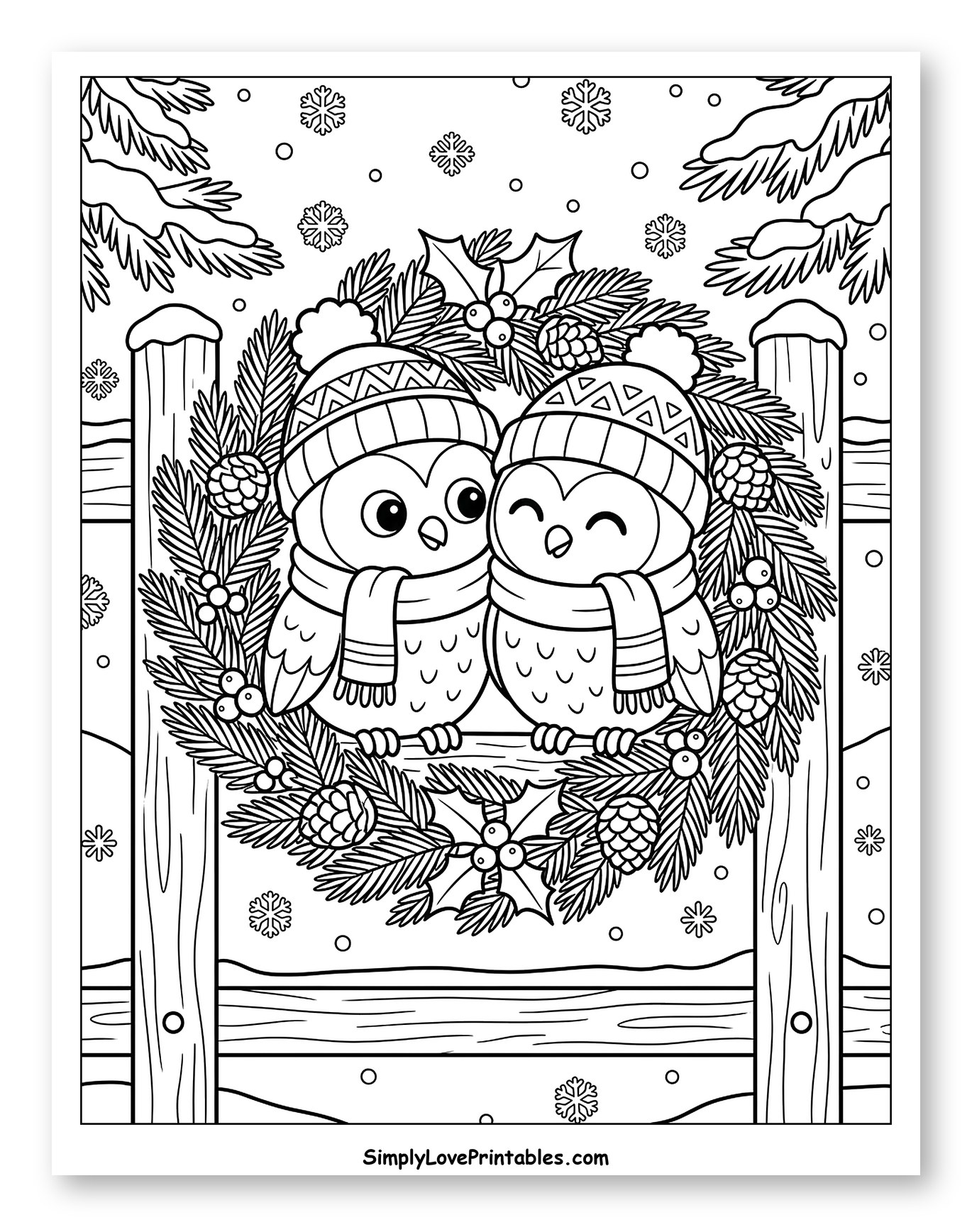 Cozy Owls Nestled in a Christmas Wreath to Color for Kids
