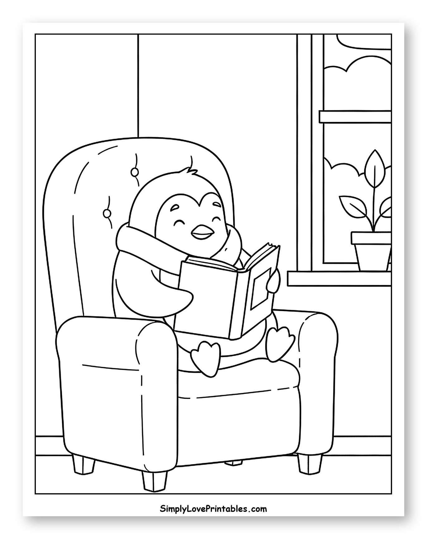 Cozy Penguin Reading by the Window to Color for Kids