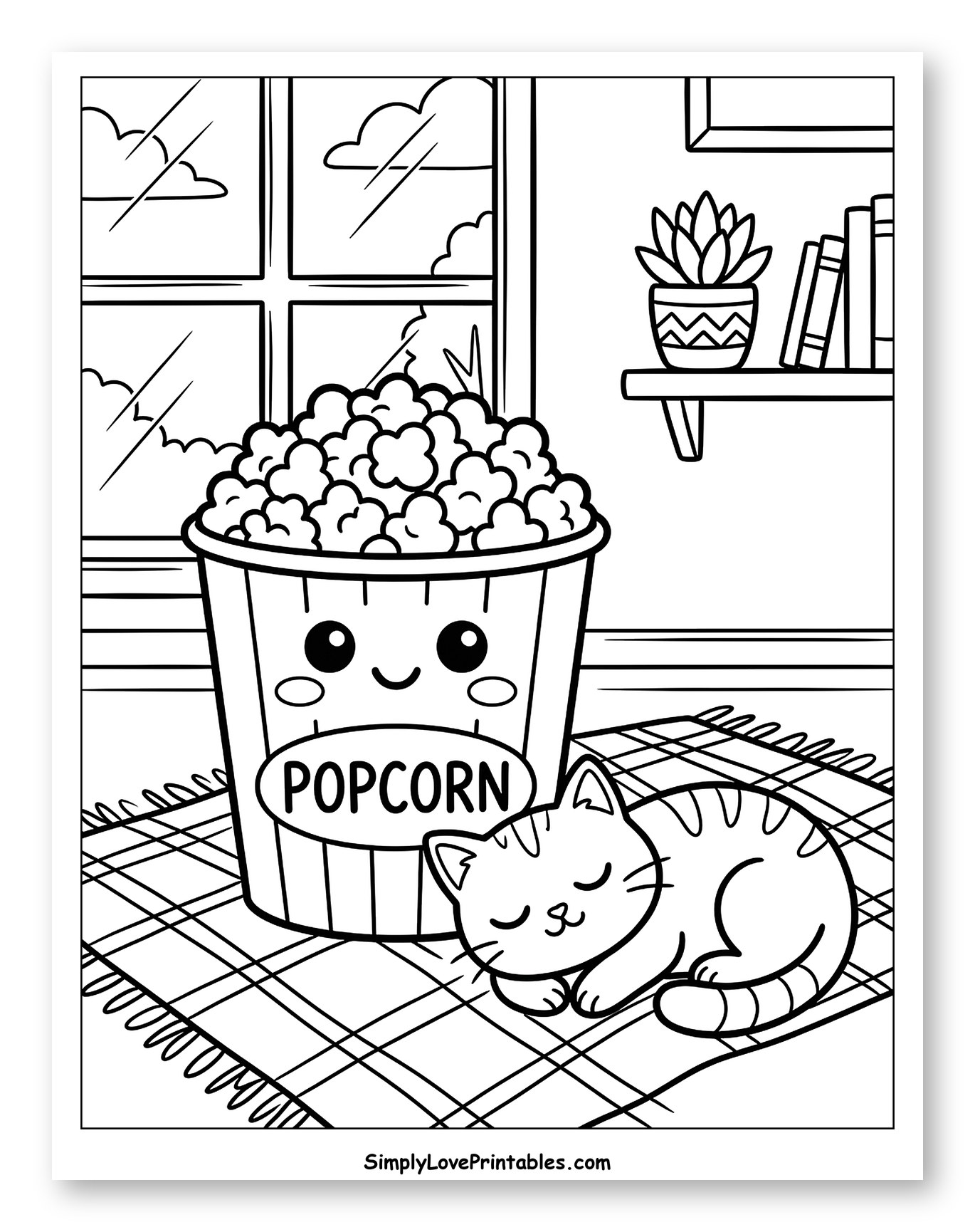 Cozy Popcorn Bucket and Sleeping Cat to Color for Kids