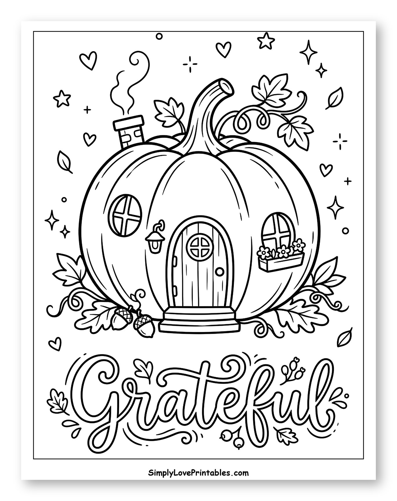 Cozy Pumpkin House with Grateful Lettering to Color for Adults