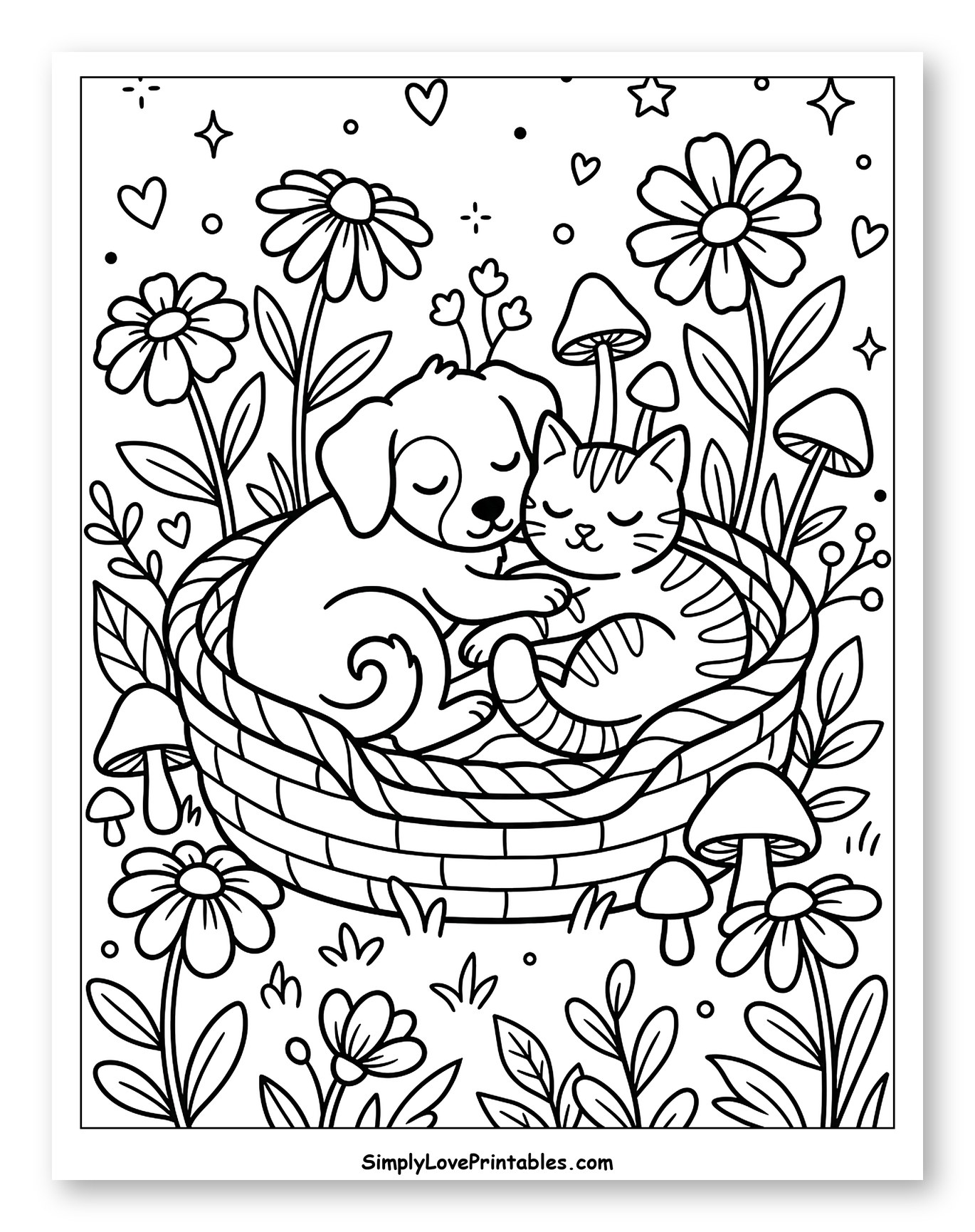 Cozy Puppy and Kitty Napping in a Basket Coloring Sheet for Adults