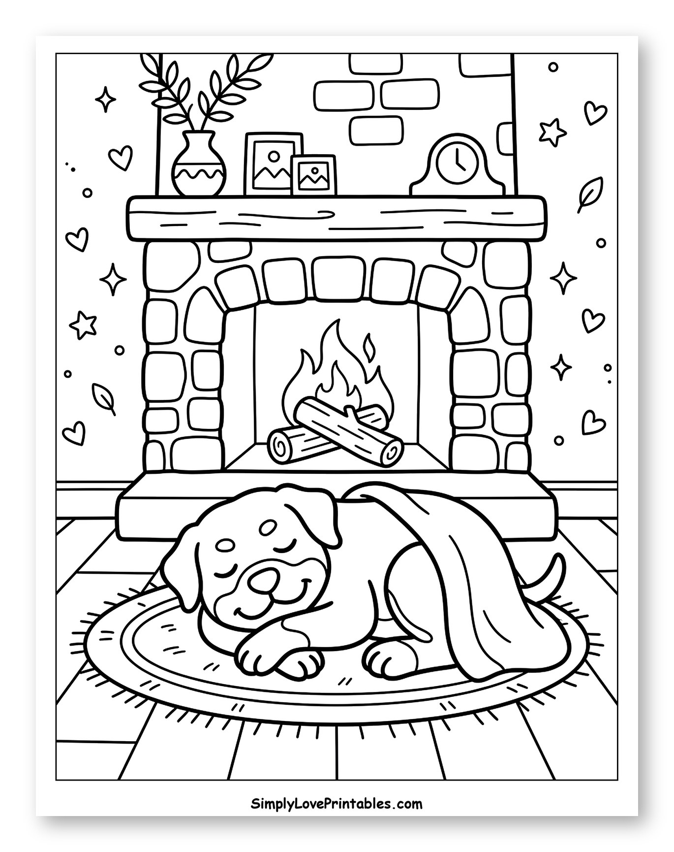 Cozy Puppy Sleeping by a Warm Fireplace Coloring Sheet for Adults