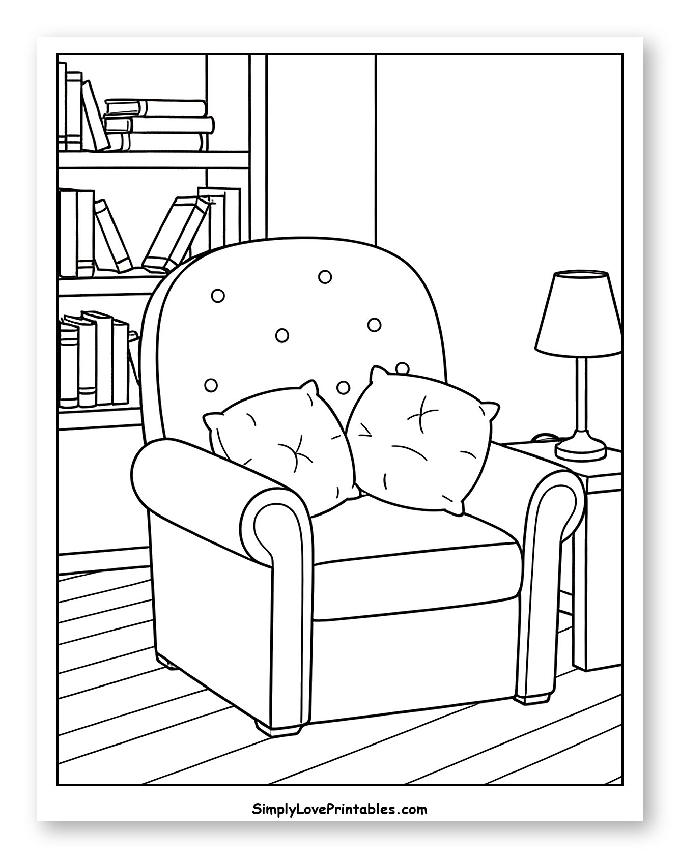 Cozy Reading Nook with Armchair and Books Coloring Sheet for Kids