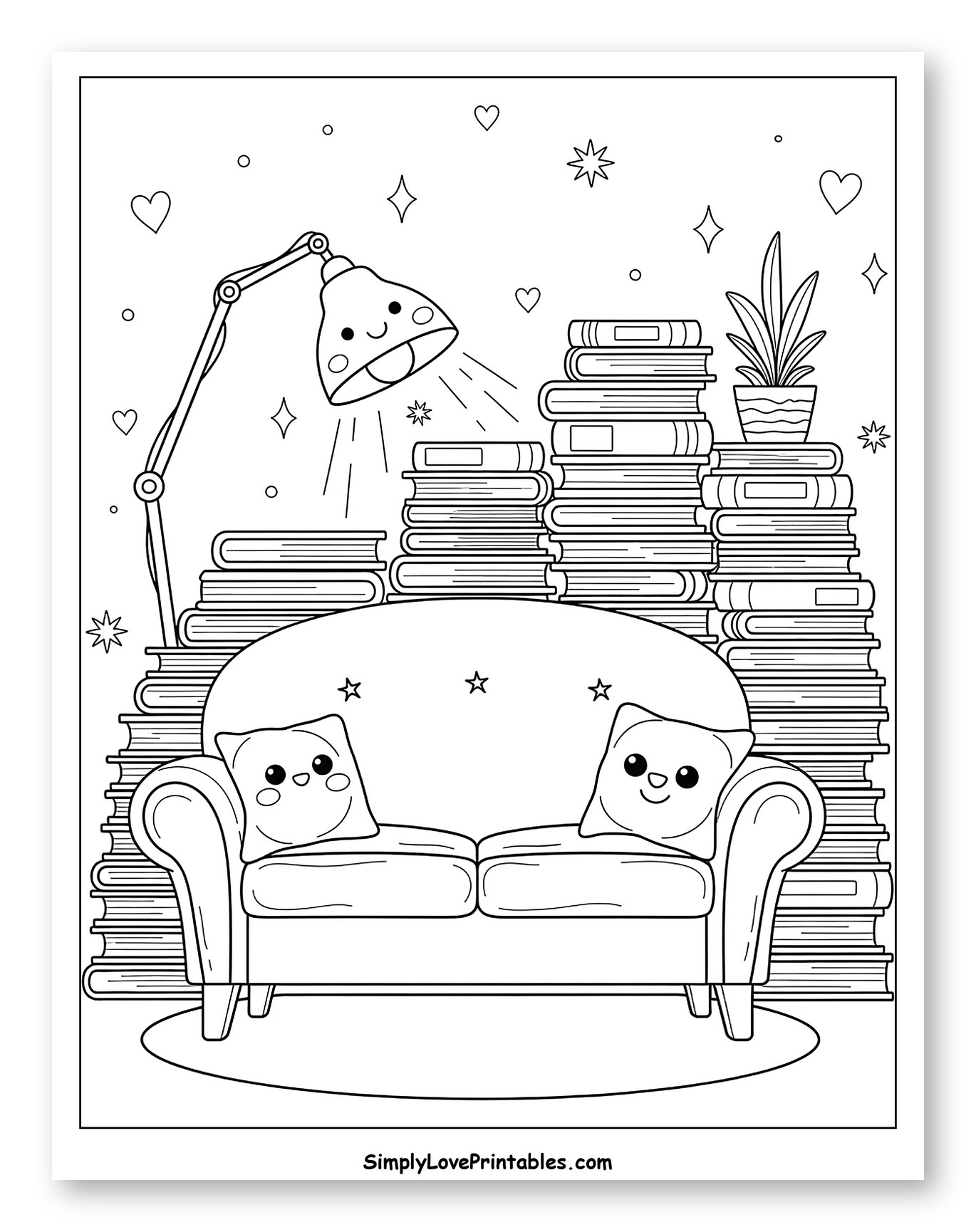 Cozy Reading Nook with Cute Sofa and Books Coloring Page for Adults