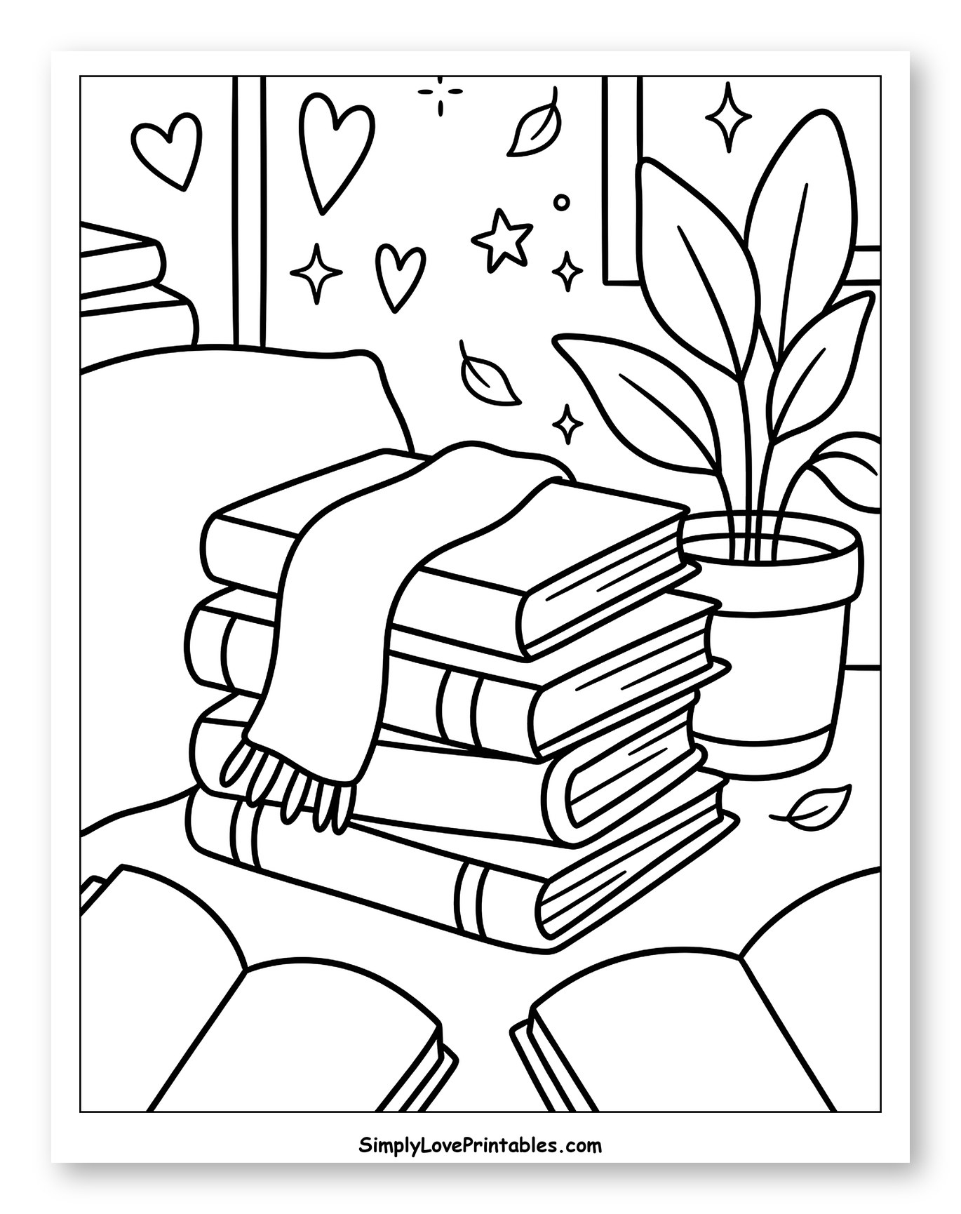 Cozy Reading Nook with Scarf and Books Coloring Page for Adults