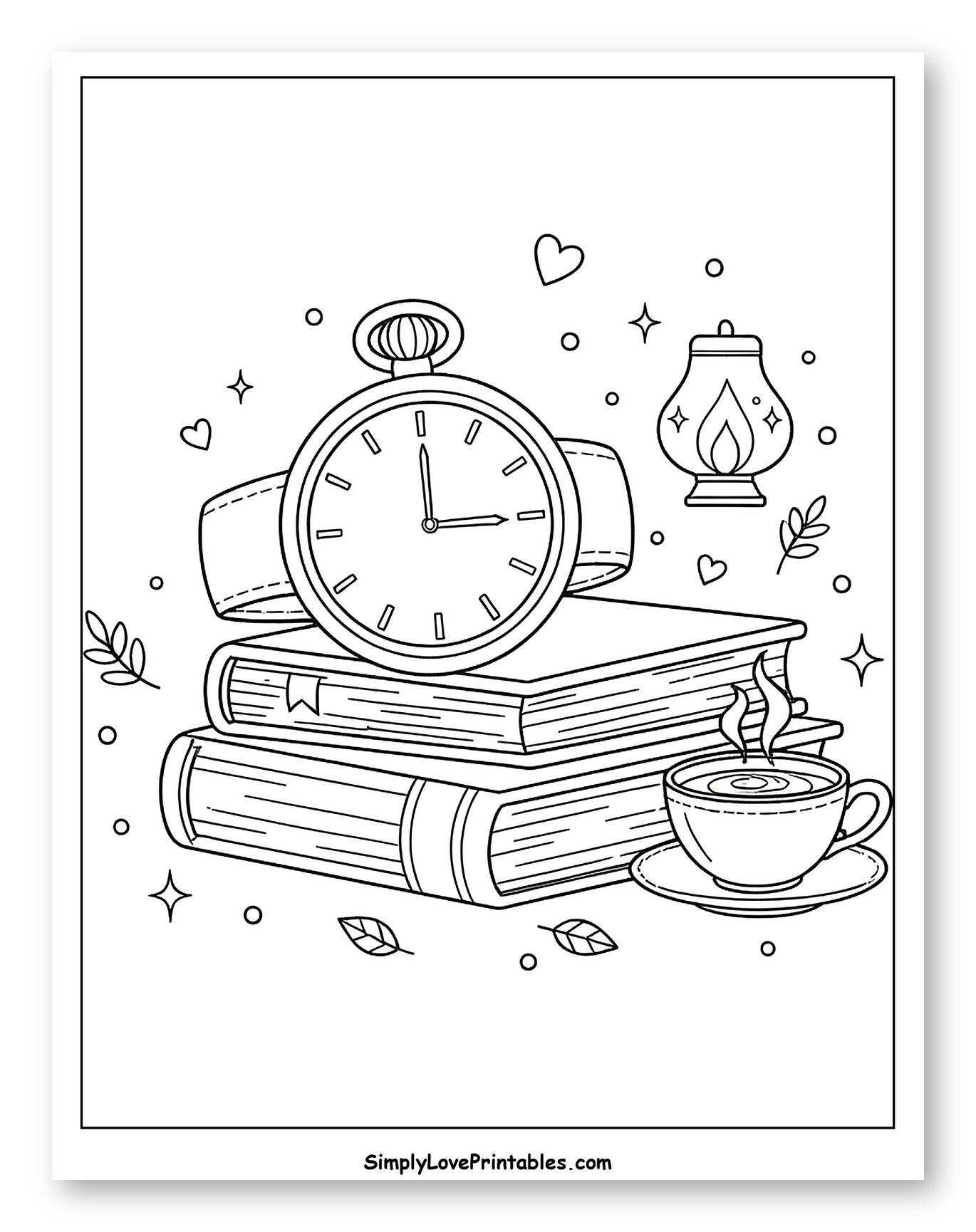 Cozy Reading Scene with Pocket Watch Coloring Page for Adults