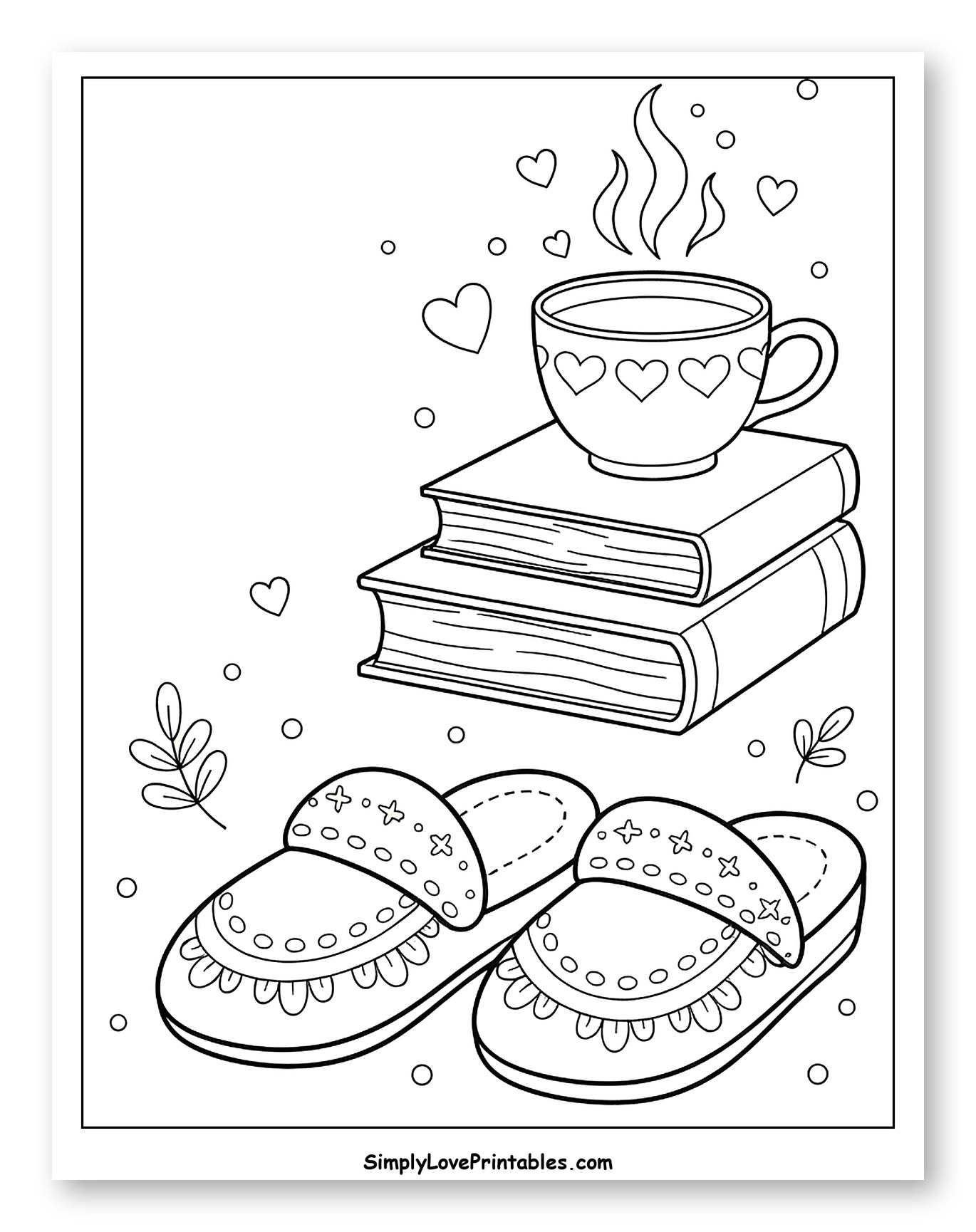 Cozy Reading Scene with Warm Drink and Slippers Coloring Sheet for Adults