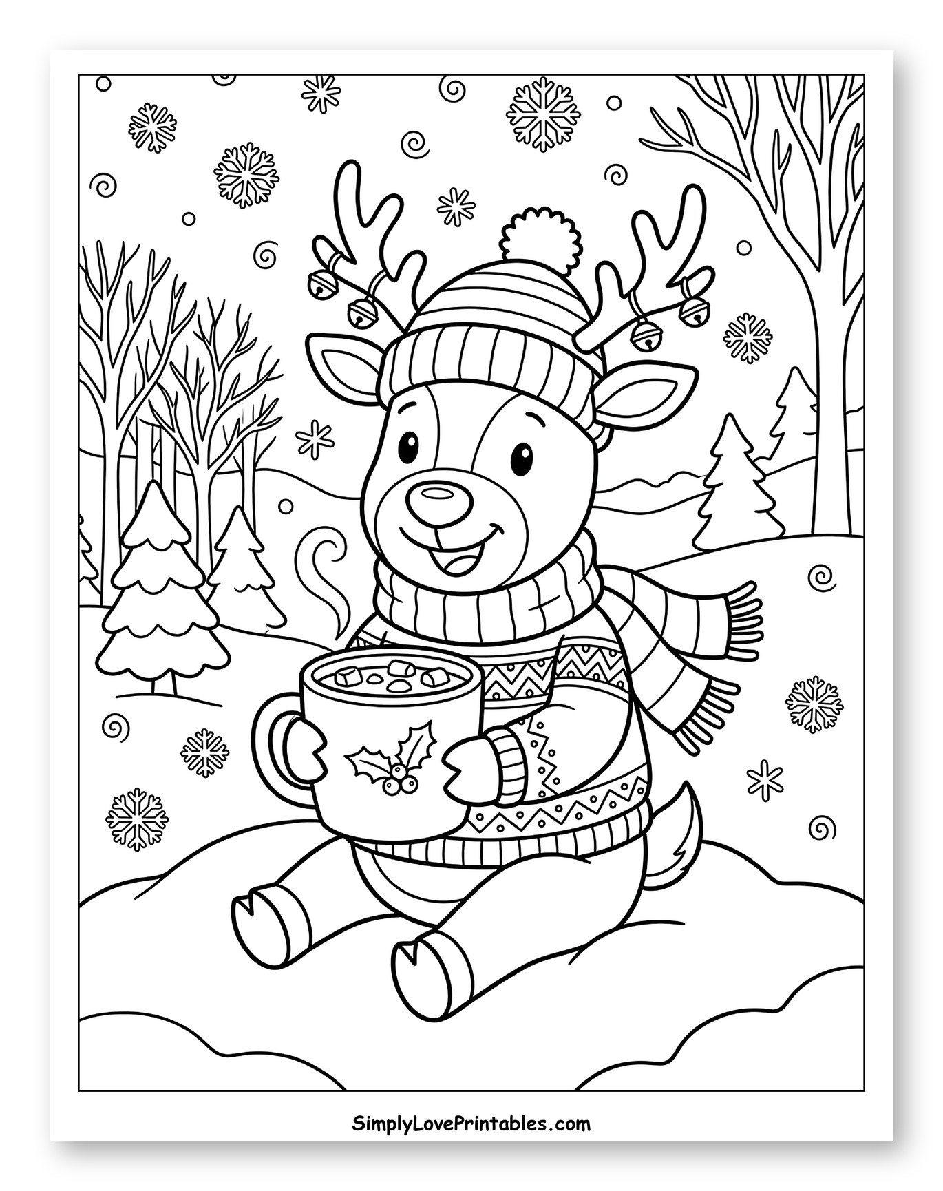 Cozy Reindeer Holding Hot Cocoa in Winter