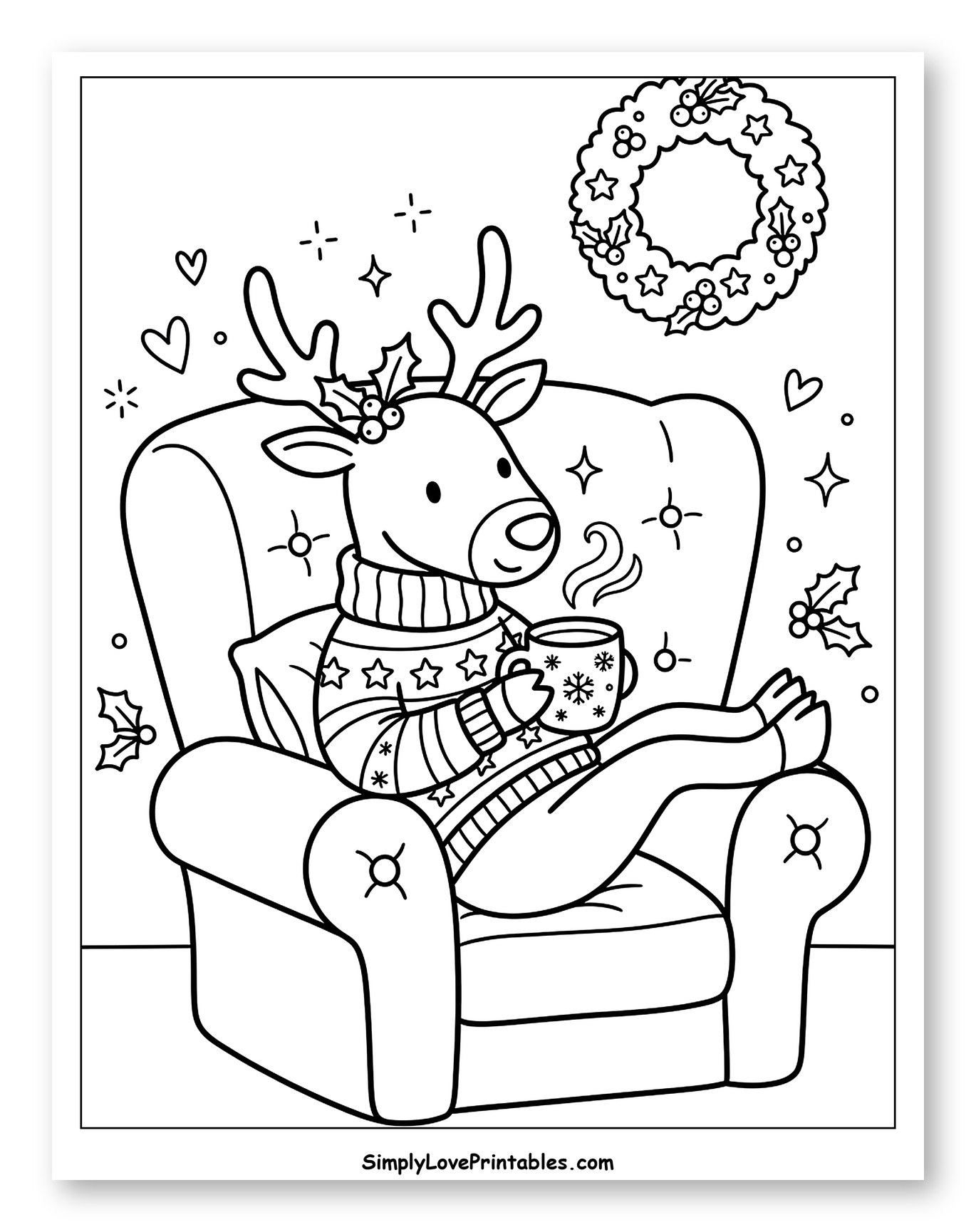 Cozy Reindeer in an Armchair with Cocoa Coloring Sheet for Adults