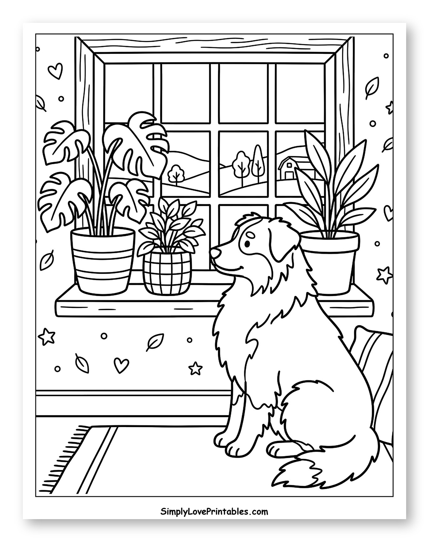 Cozy Room with Dog and Potted Plants