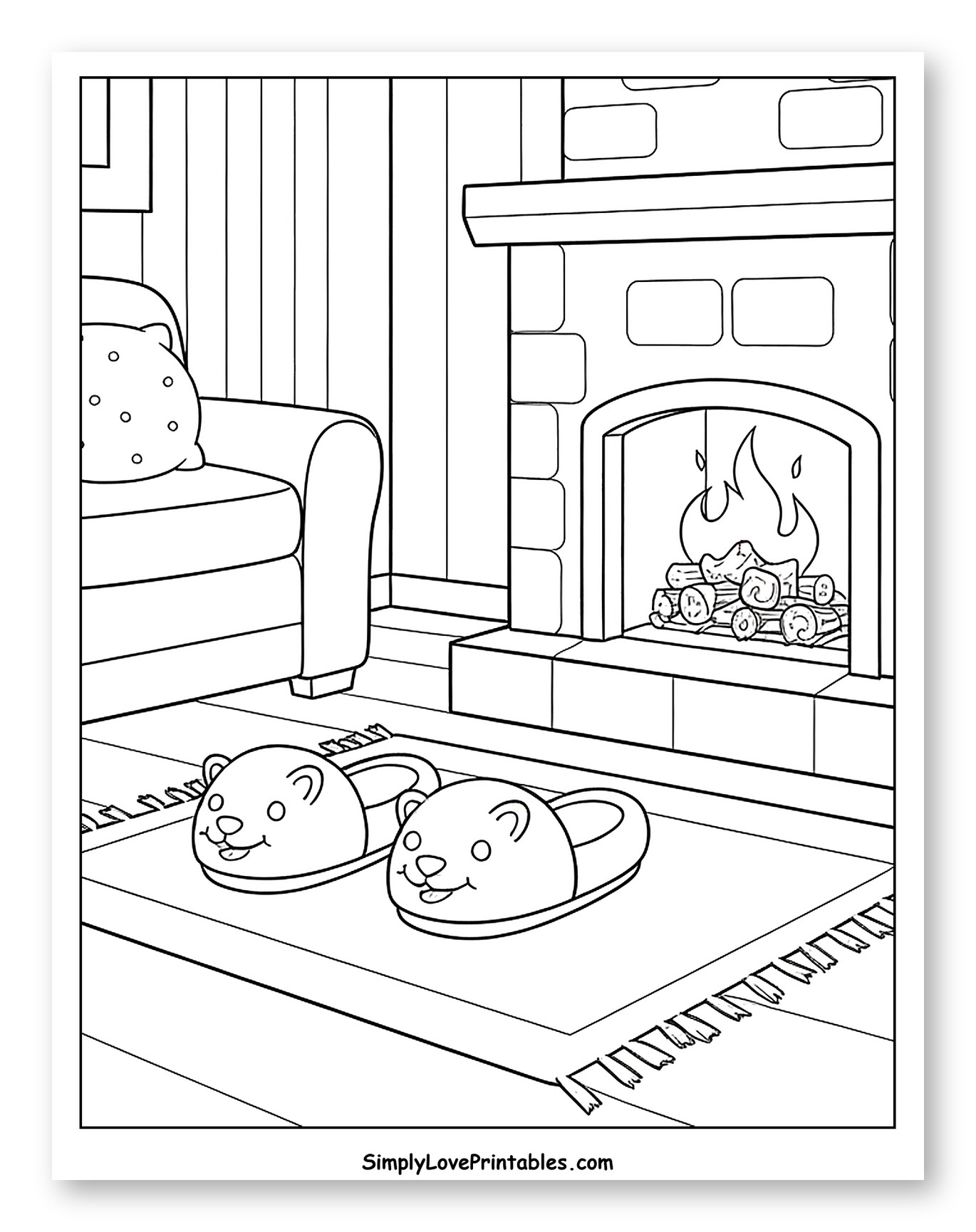 Cozy Room with Fireplace and Bear Slippers