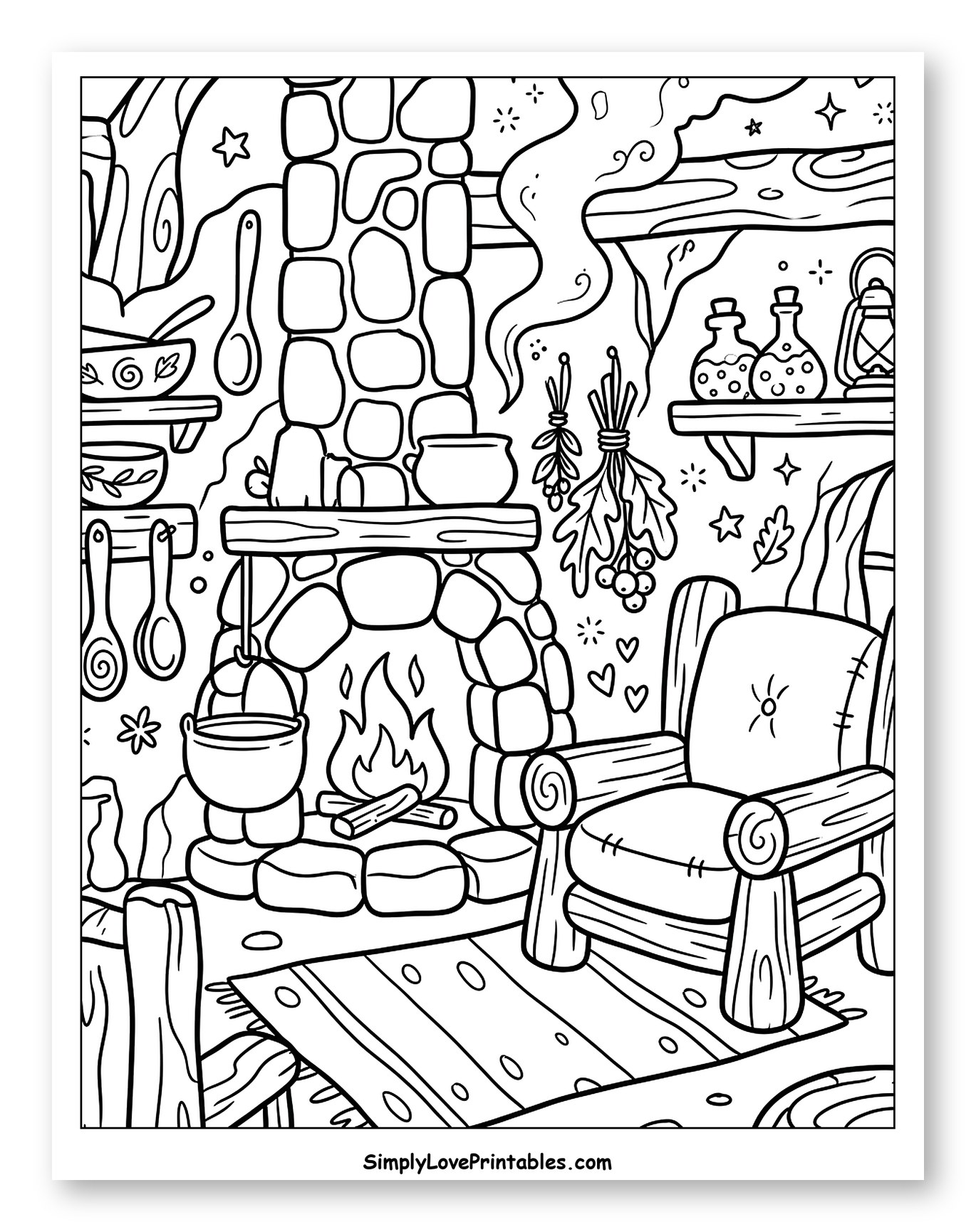 Cozy Rustic Hearth with Potions and Armchair