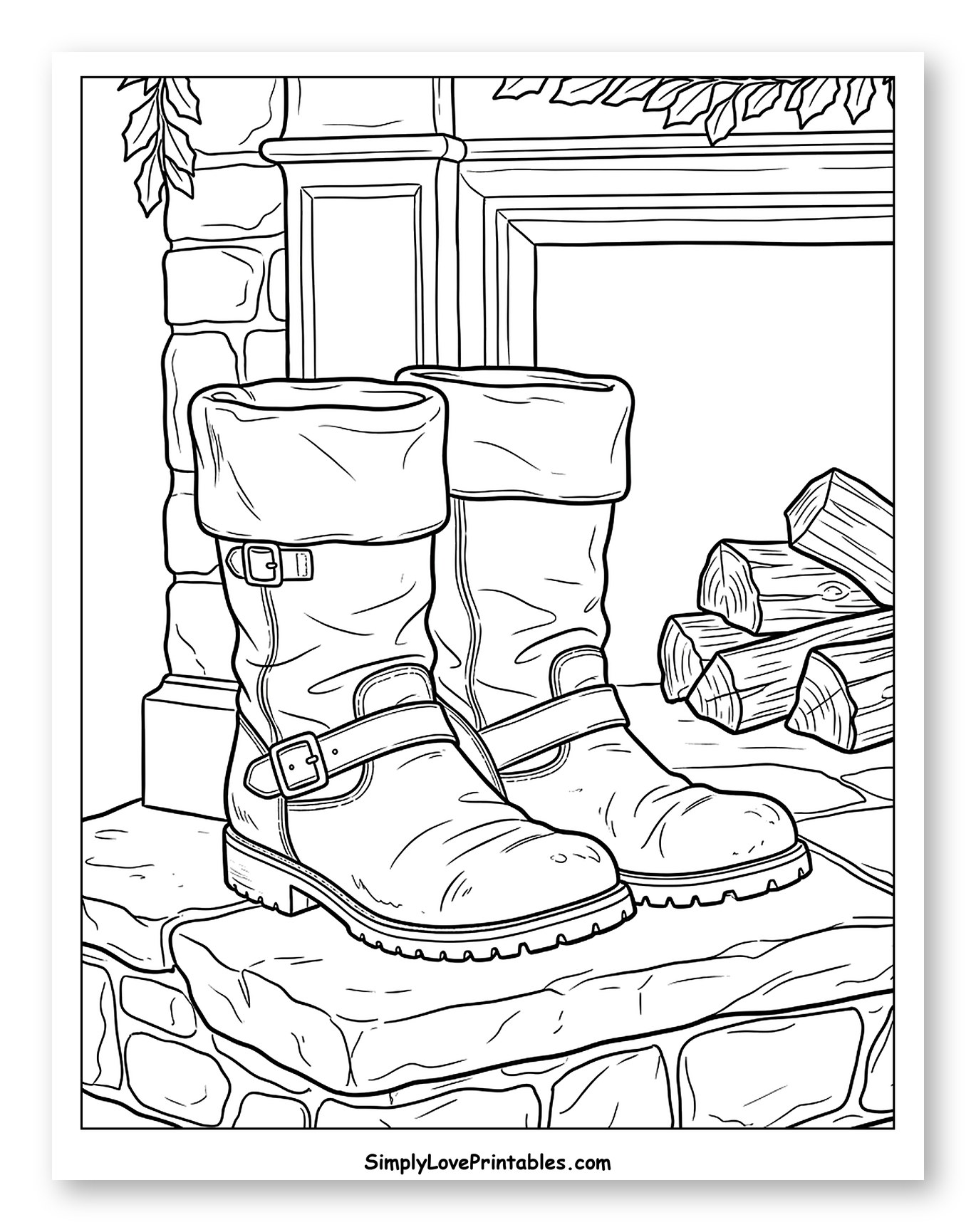 Cozy Santa Boots on a Stone Fireplace Hearth Coloring Page