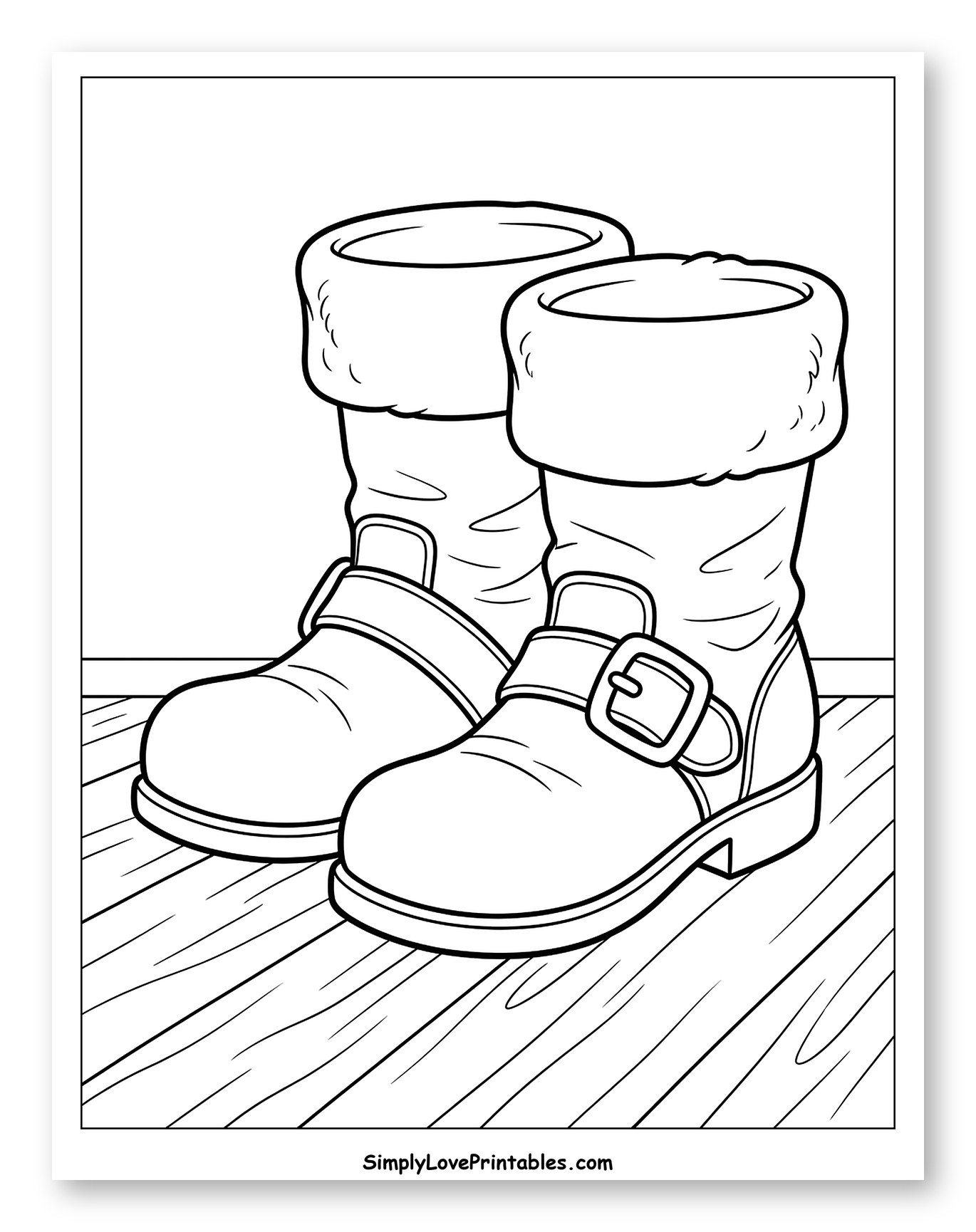 Cozy Santa Boots on a Wooden Floor Coloring Sheet for Kids