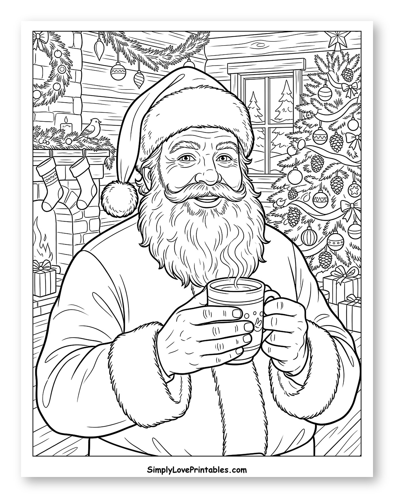 Cozy Santa Claus Enjoying a Warm Mug Coloring Sheet
