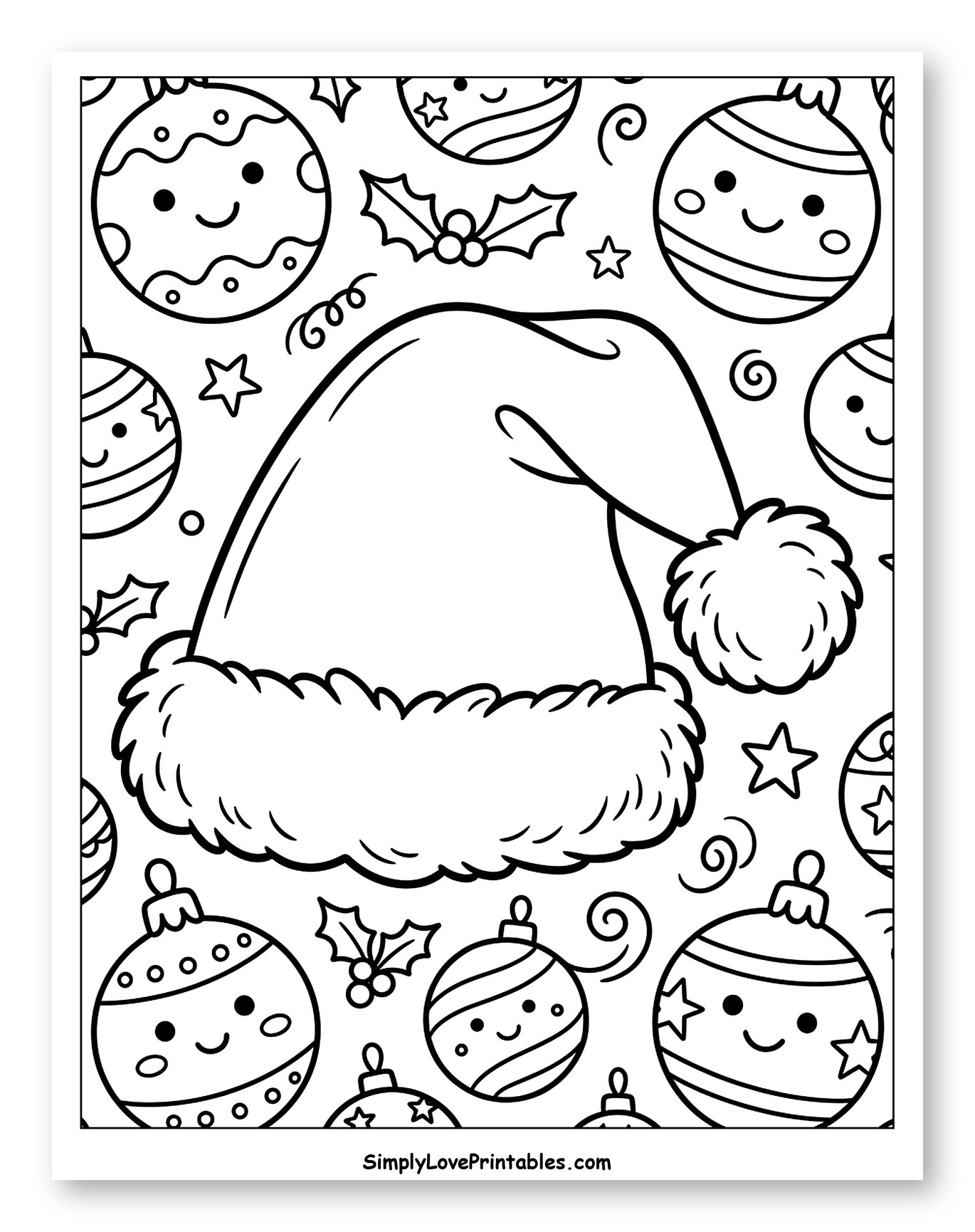 Cozy Santa Hat with Smiling Christmas Ornaments to Color for Kids
