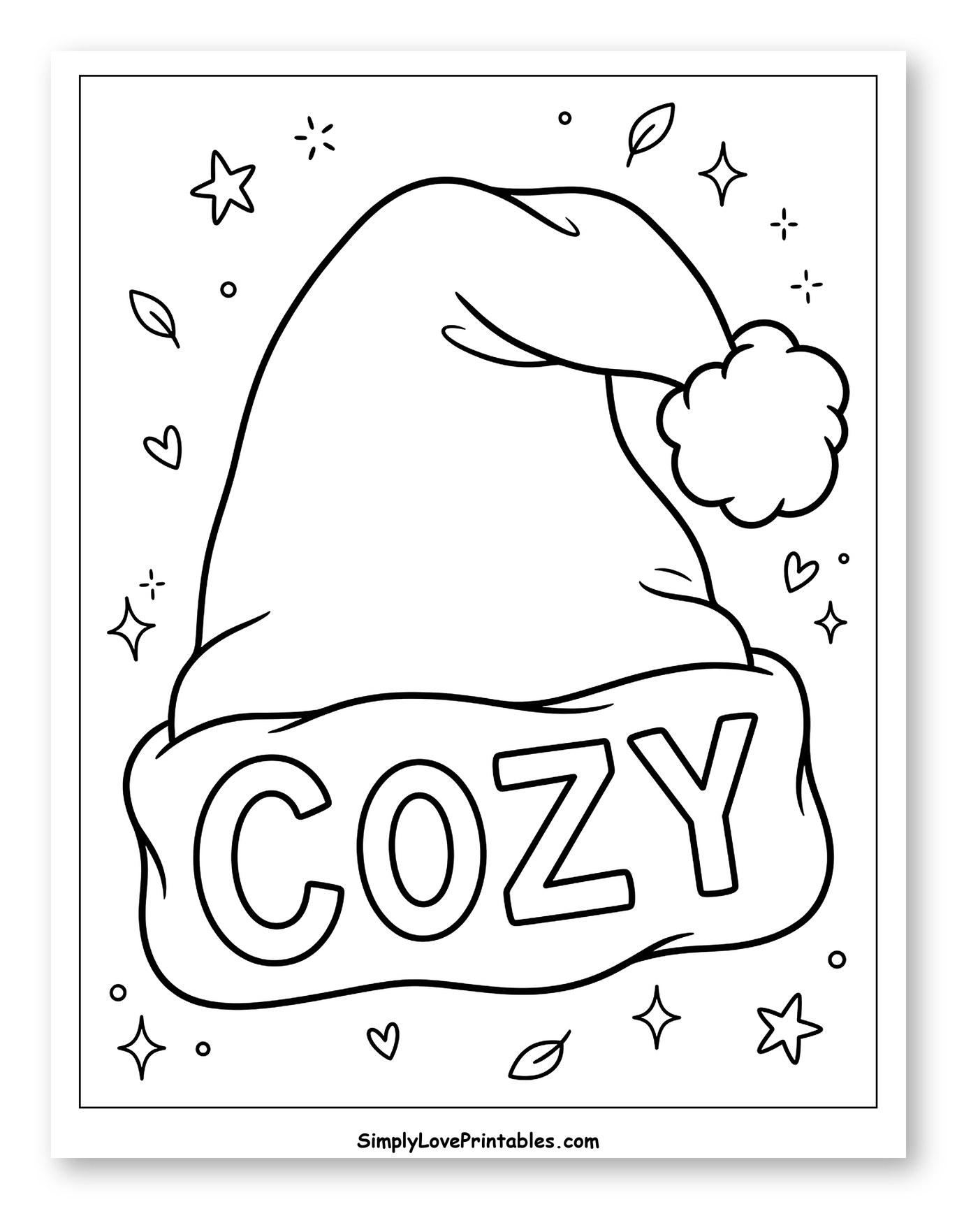 Cozy Santa Hat with Stars and Hearts Coloring Sheet for Adults