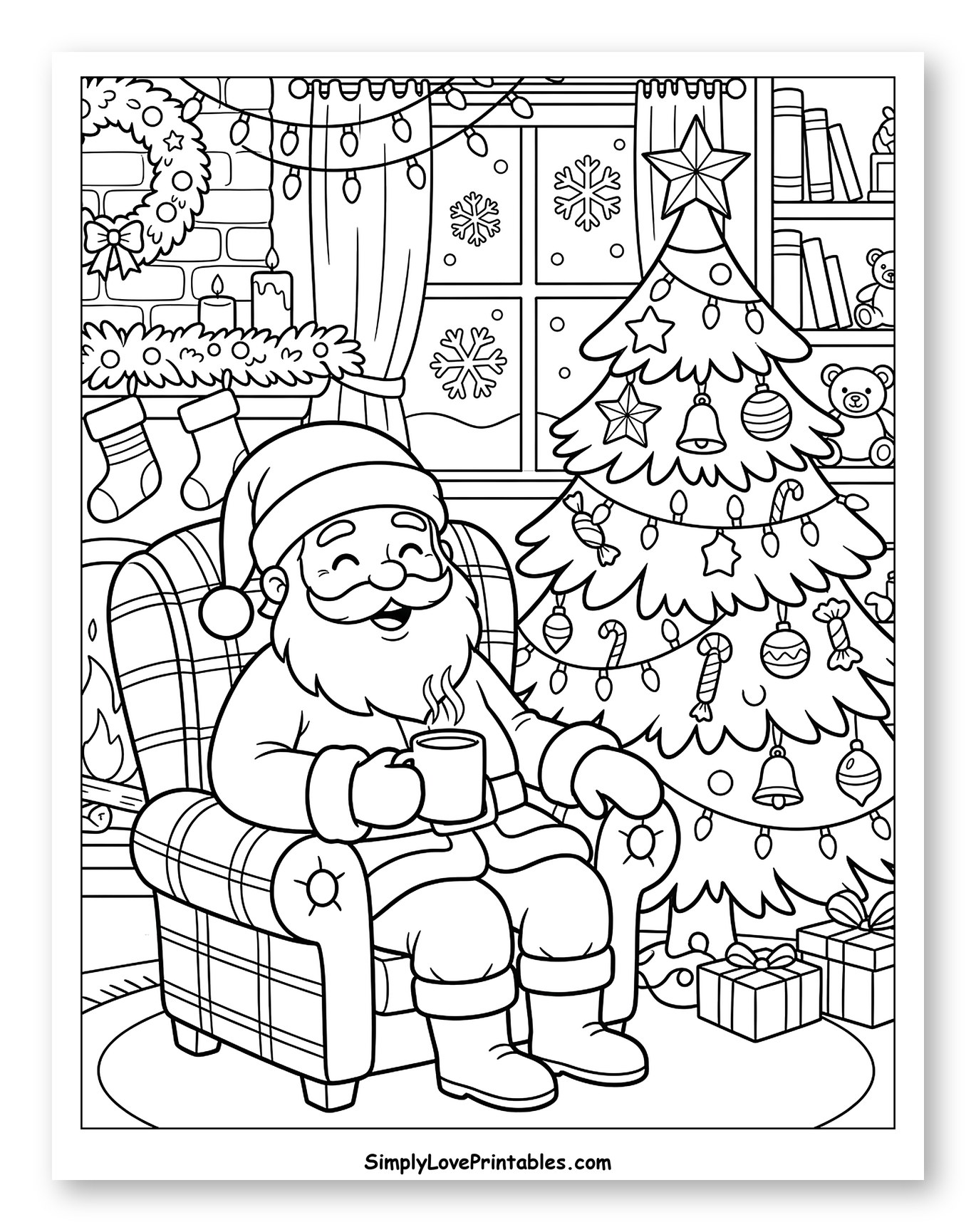 Cozy Santa Relaxing by the Christmas Tree to Color for Kids
