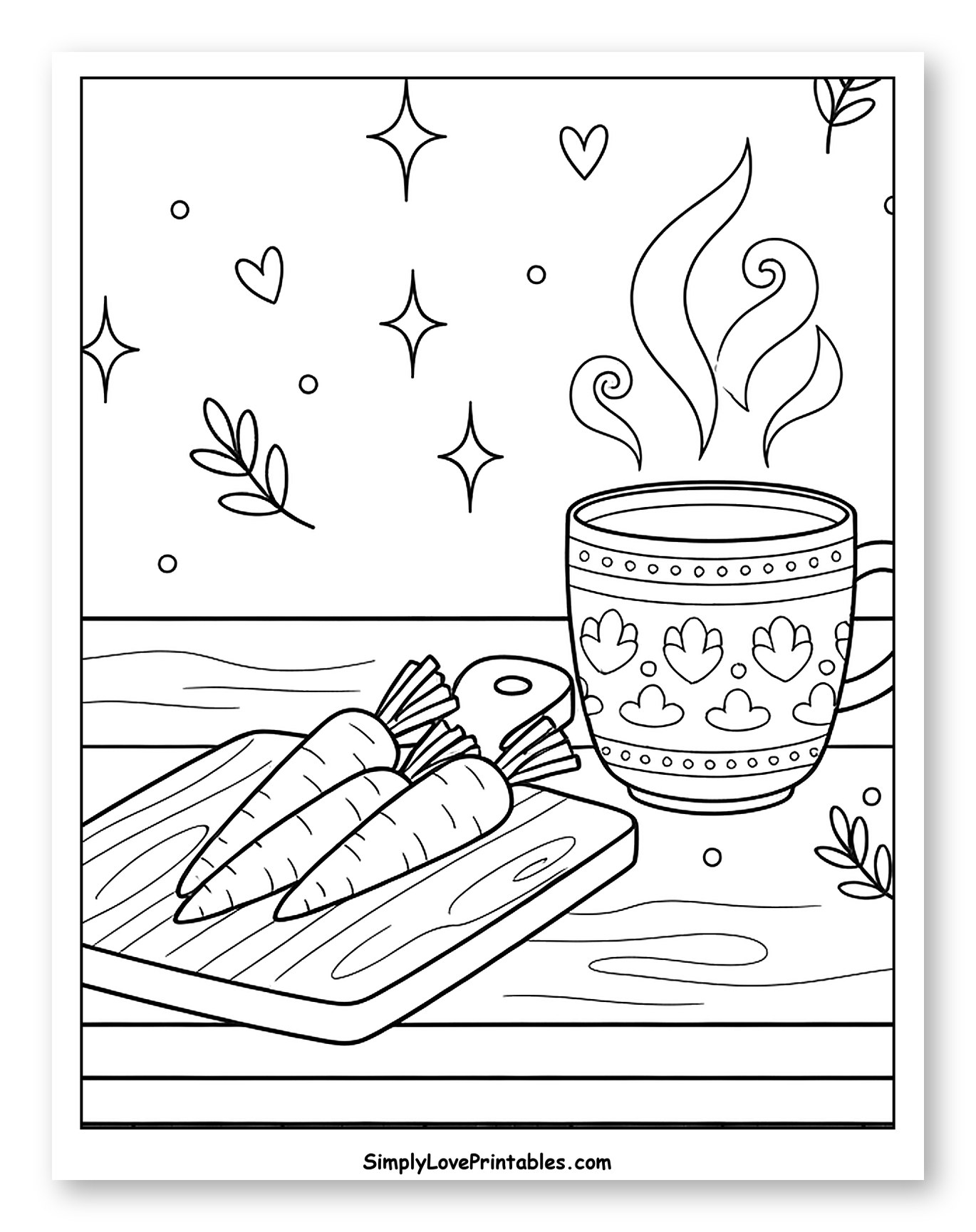 Cozy Scene with Carrots and Steaming Mug to Color for Adults