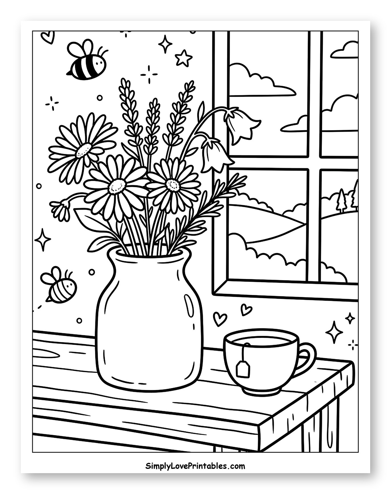 Cozy Scene with Flowers, Tea, and Bees to Color for Adults