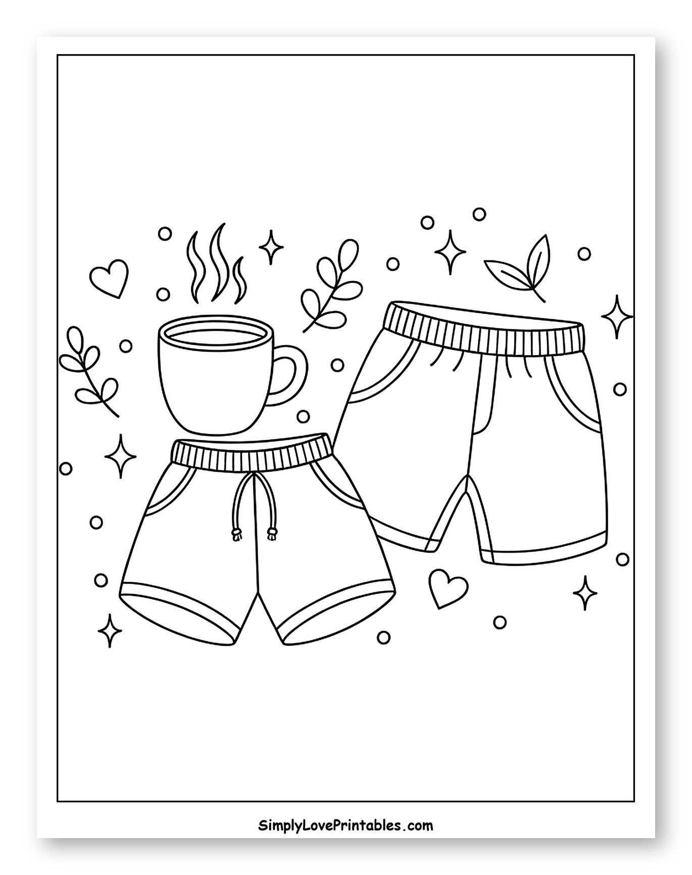 Cozy Shorts and Steaming Coffee Mug Coloring Sheet for Adults