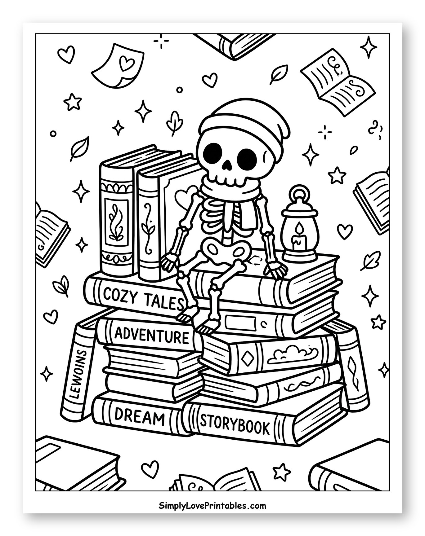 Cozy Skeleton Sitting on Books to Color for Adults