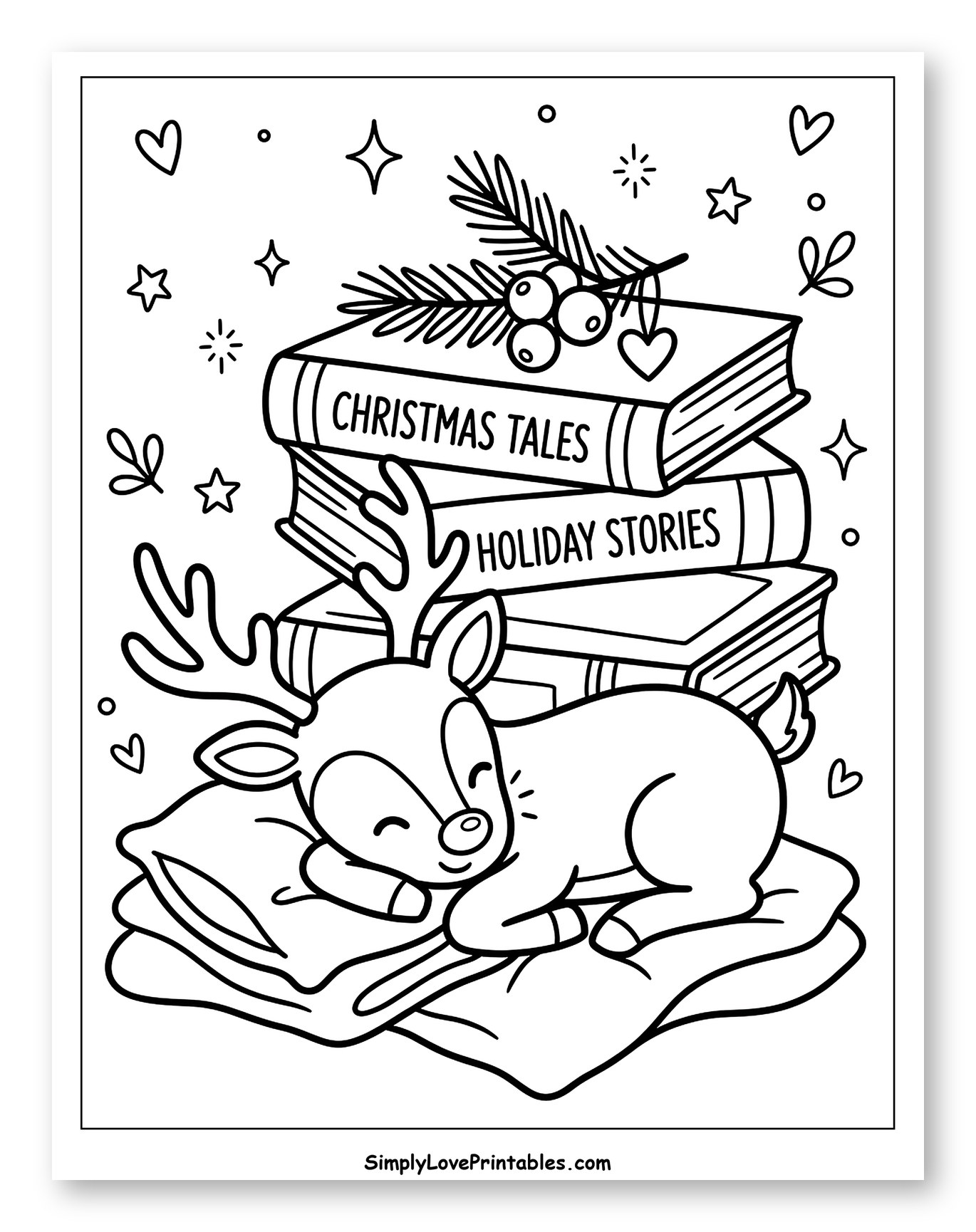 Cozy Sleeping Reindeer with Christmas Books Coloring Page for Adults