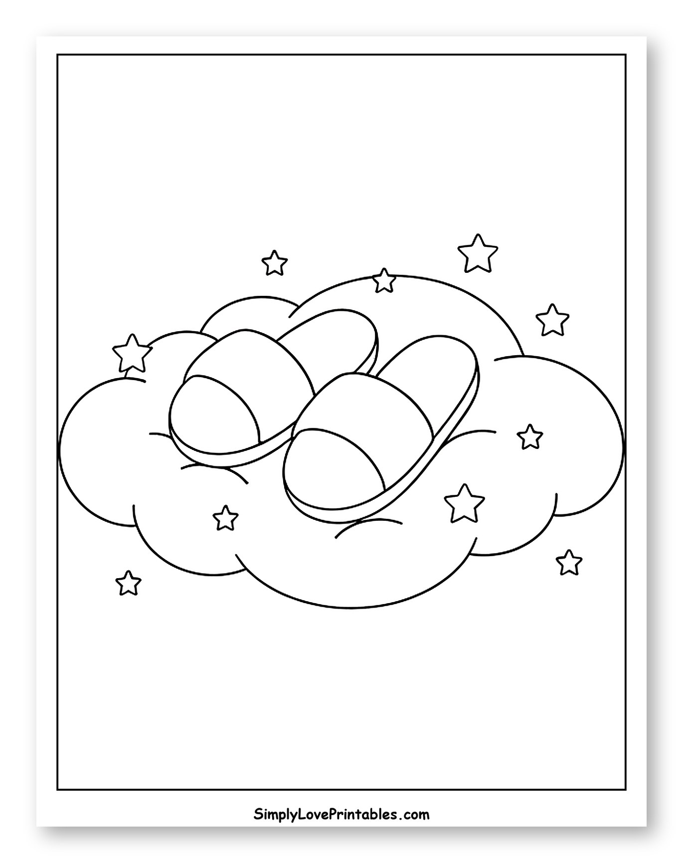 Cozy Slippers Resting on a Dreamy Cloud Coloring Sheet for Kids