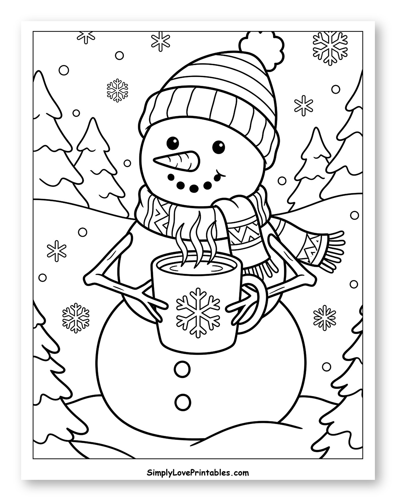 Cozy Snowman Enjoying a Hot Drink Coloring Page for Kids