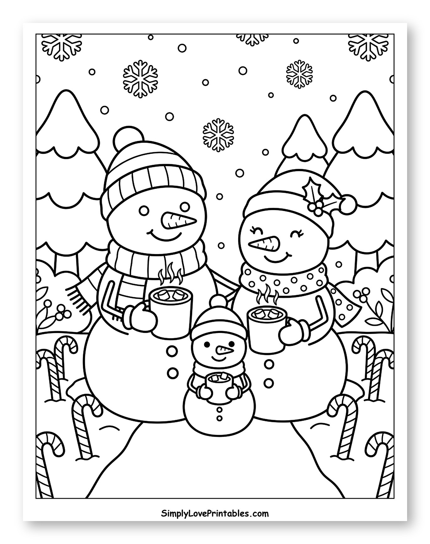 Cozy Snowman Family Enjoying Hot Cocoa to Color for Kids