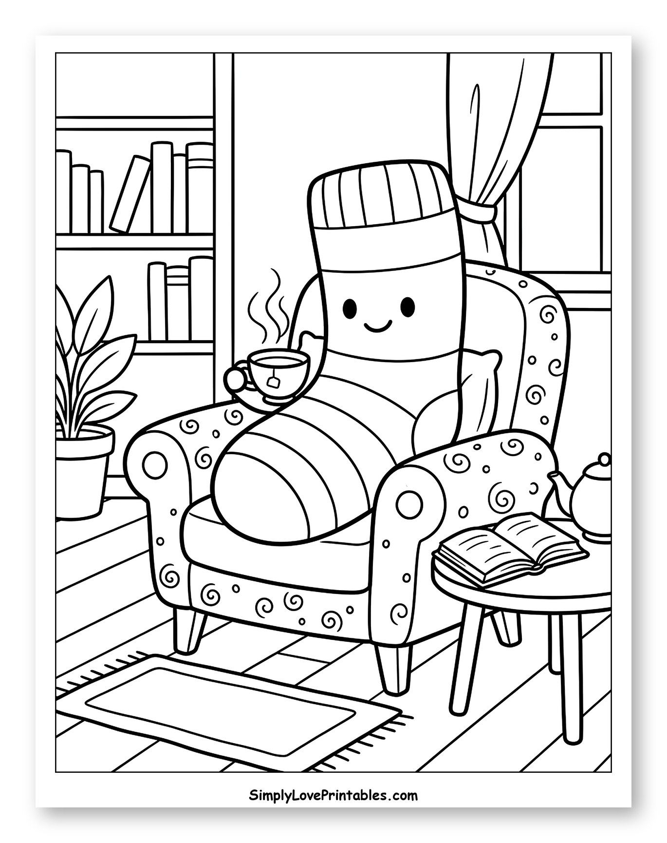 Cozy Sock Character Drinking Tea in Armchair Coloring Page for Kids