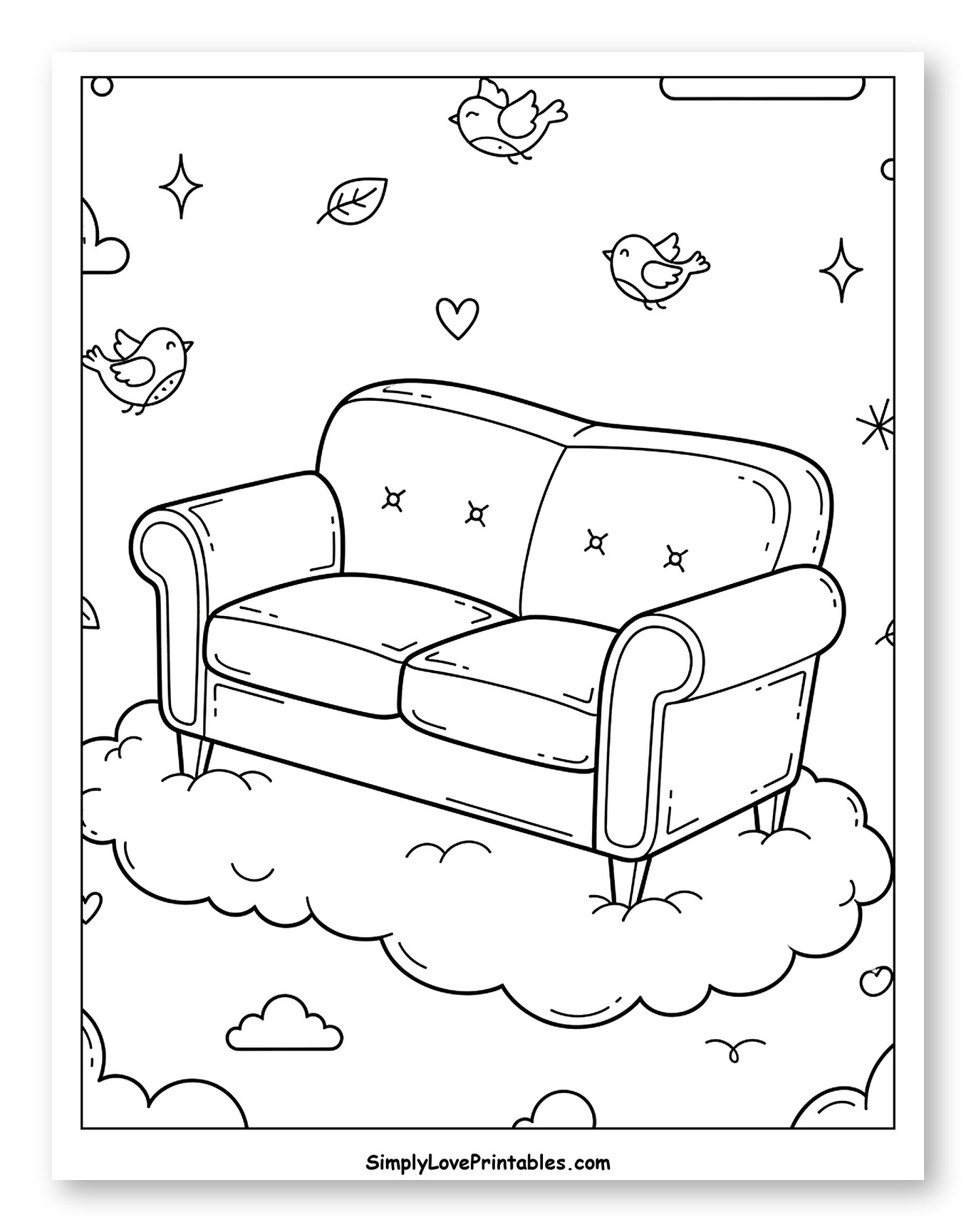 Cozy Sofa Floating on Clouds with Birds to Color for Adults