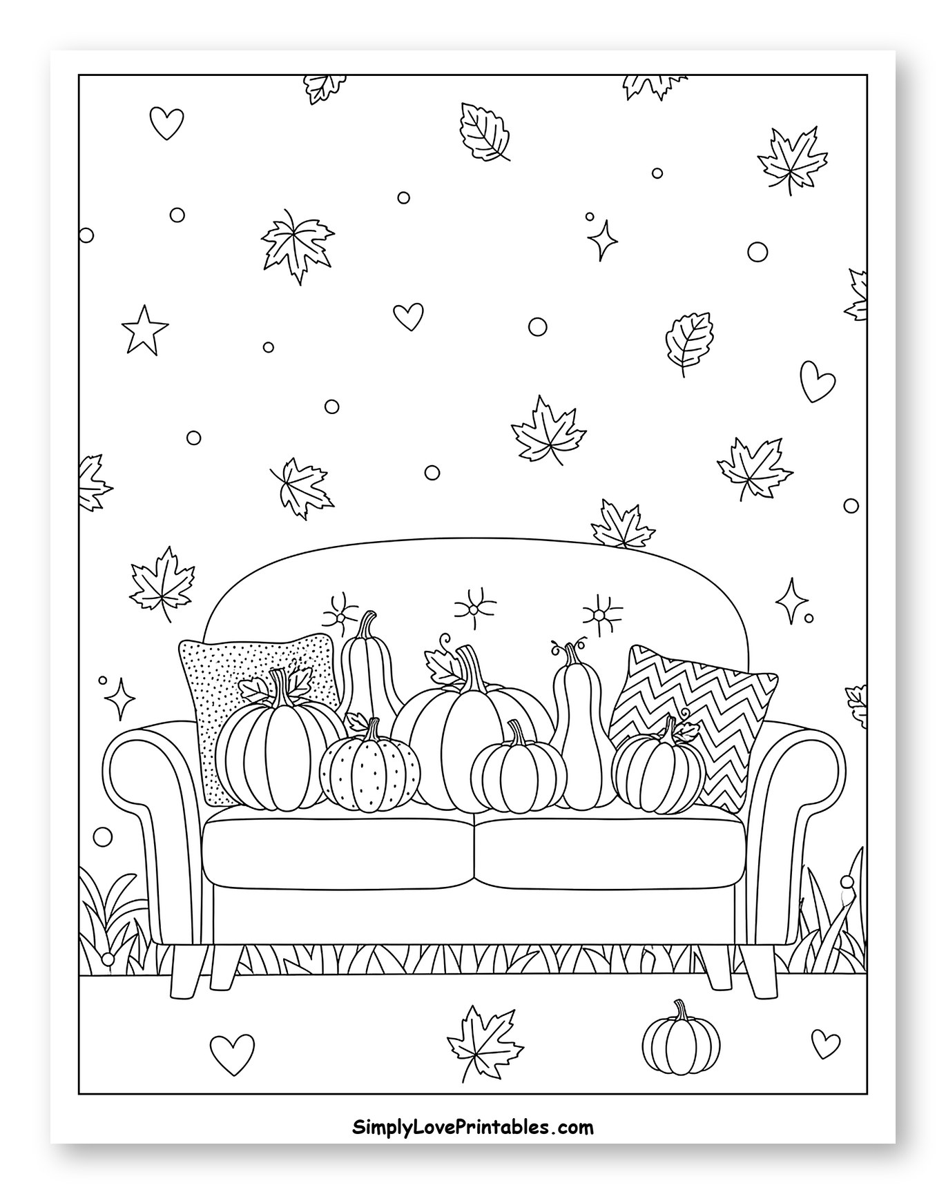 Cozy Sofa Full of Fall Pumpkins to Color for Adults